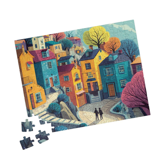Bright Cheerful Town Jigsaw Puzzle – Artistic Houses, Winding Path, and Whimsical Neighborhood Landscape 110 pcs (Horizontal) Puzzle The Puzzle Chest