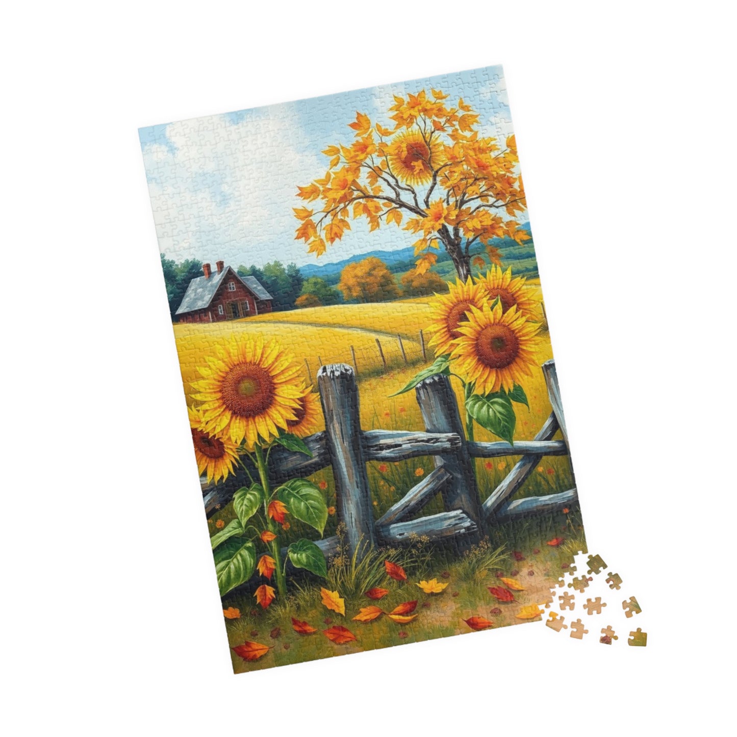 Jigsaw Puzzle, Sunflower Field Landscape Puzzle, Autumn Leaves, Wooden Fence, 110-1014 Pieces, Relaxing Activity, Home Decor, Gift for Puzzle The Puzzle Chest
