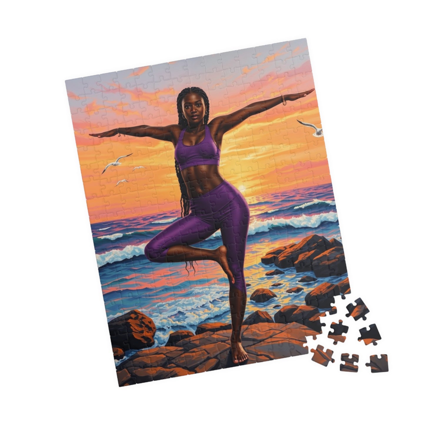 Yoga Sunset Puzzle - 110, 252, 520, 1014-piece African American Woman Beach Scene, Relaxing Gift, Mindfulness Family Activity, Fitness Lover The Puzzle Chest
