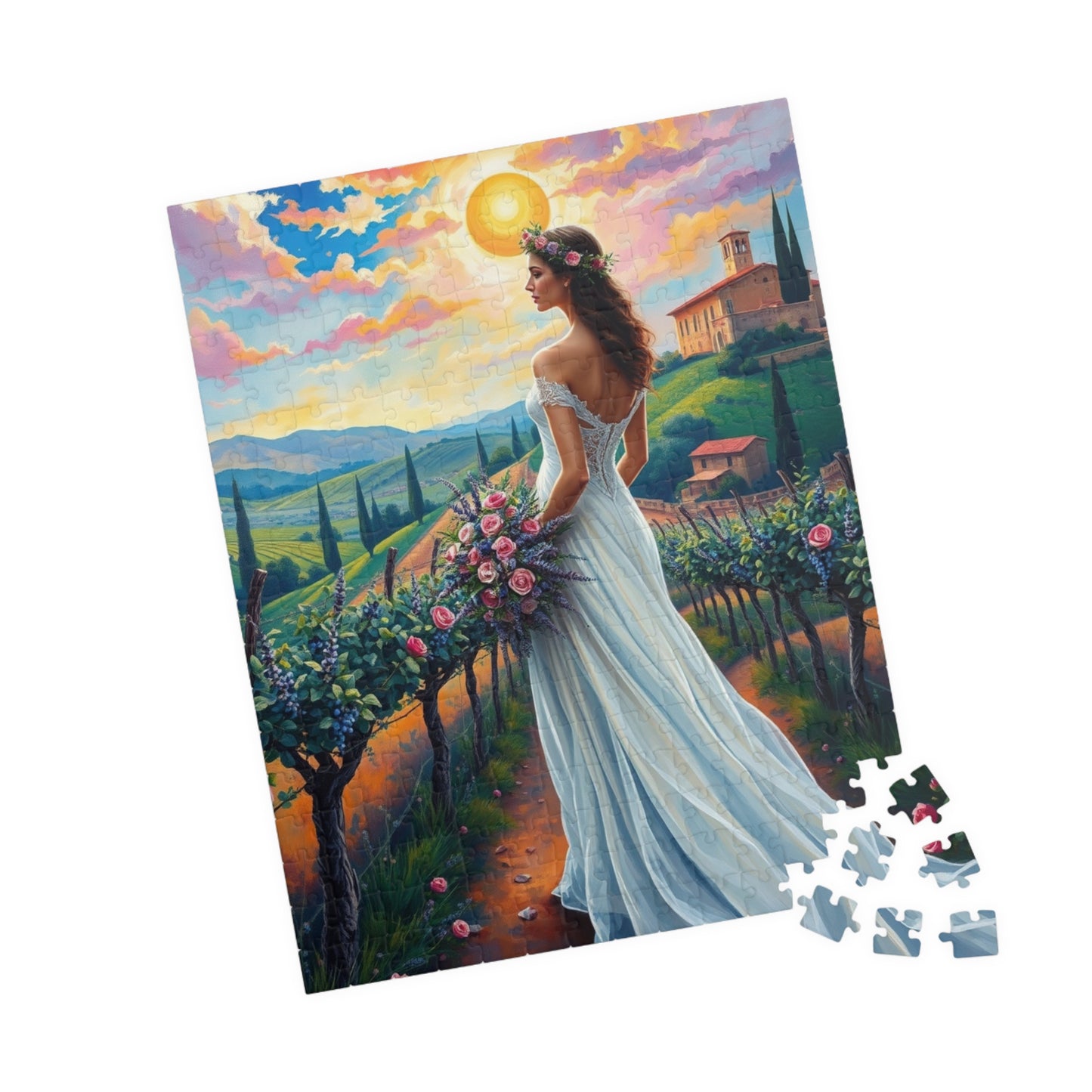Whimsical Italian Bride Jigsaw Puzzle, White Gown Floral Crown Rose Bouquet, Tuscan Vineyard Romantic Wedding, Modern Art Lover Unique Gift Puzzle The Puzzle Chest