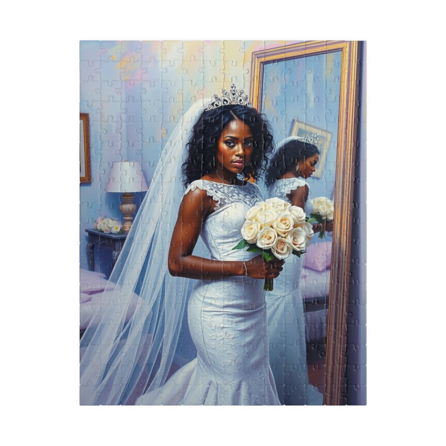 African American Bride Puzzle, White Lace Gown and Tiara, Black Woman Wedding Day Reflection Jigsaw Game 252 pcs (Vertical) Puzzle The Puzzle Chest