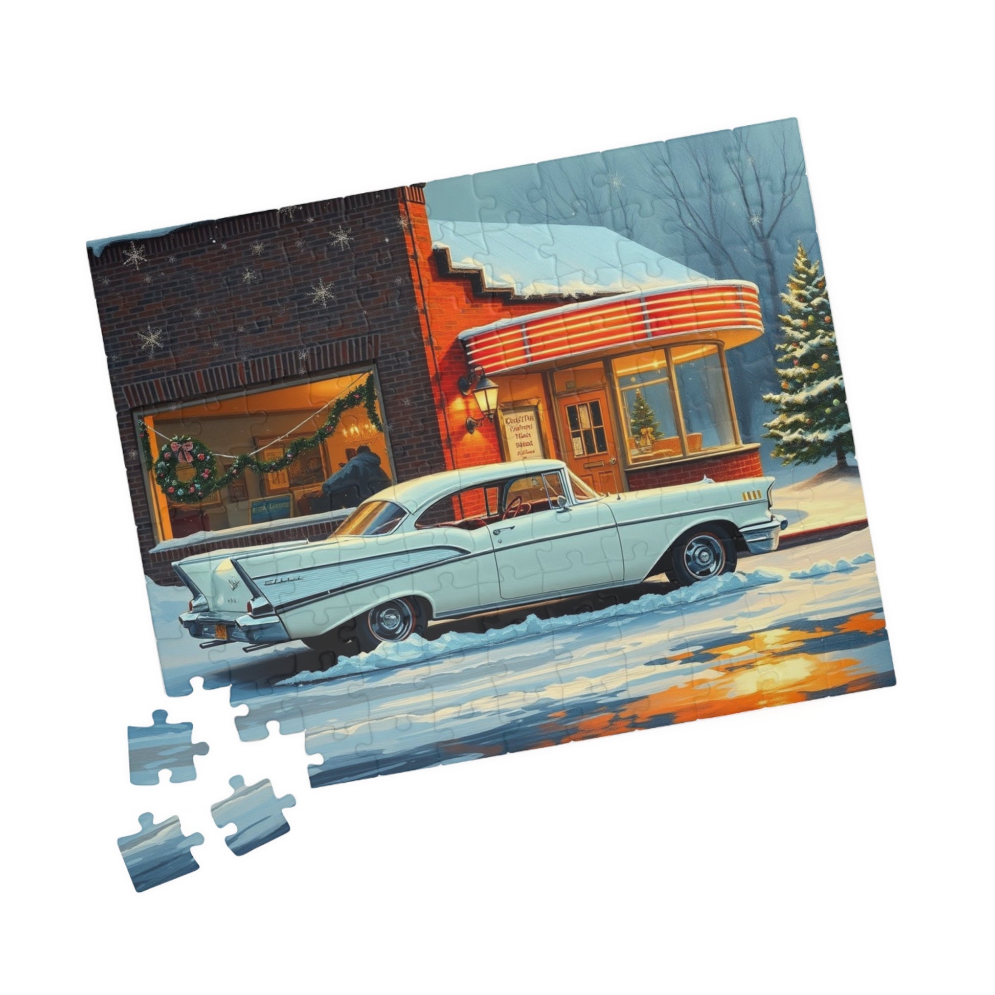 Vintage Car Puzzle - Winter Scene, Nostalgic Classic 1957 Bel Air Jigsaw Game Puzzle The Puzzle Chest