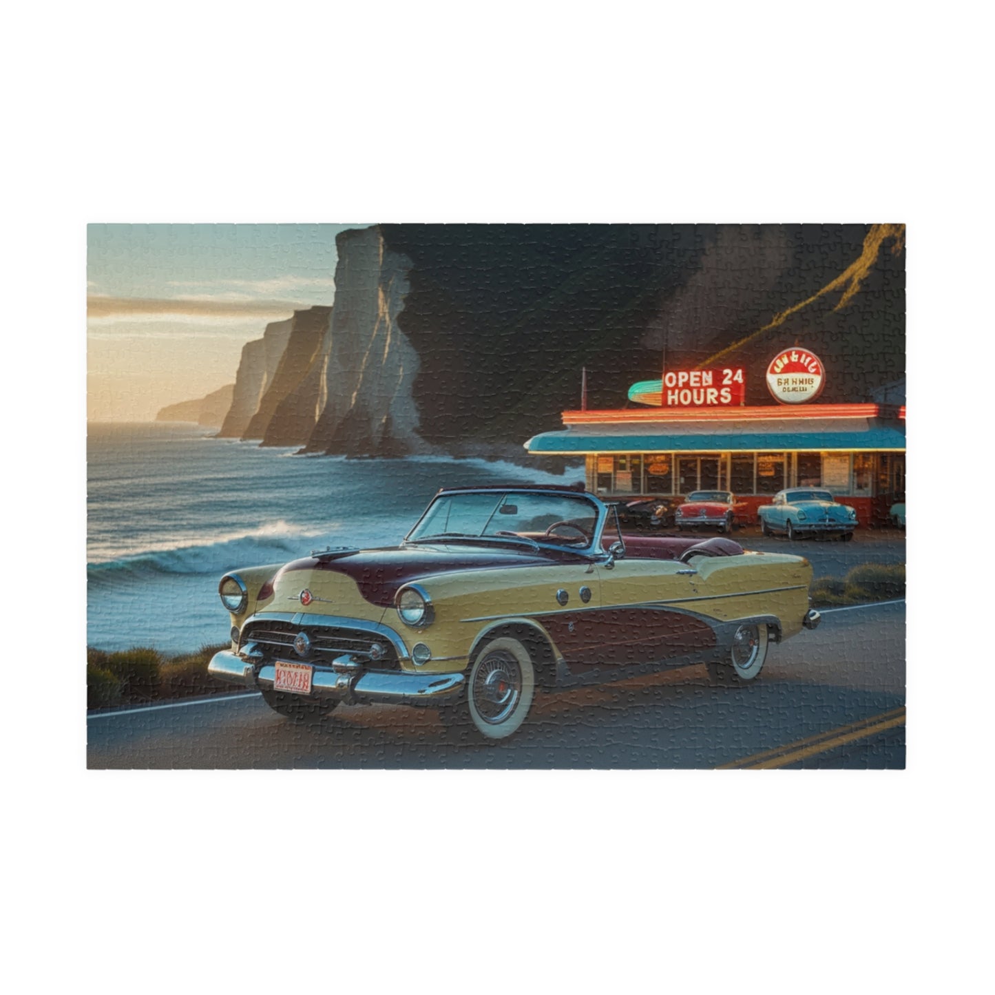 Retro Car Puzzle - Classic 1954 98 Starfire Convertible, Vintage Coastal Scene, Family Game Night, Best Gift for Retro Car Lover 1014 pcs (Horizontal) Puzzle The Puzzle Chest