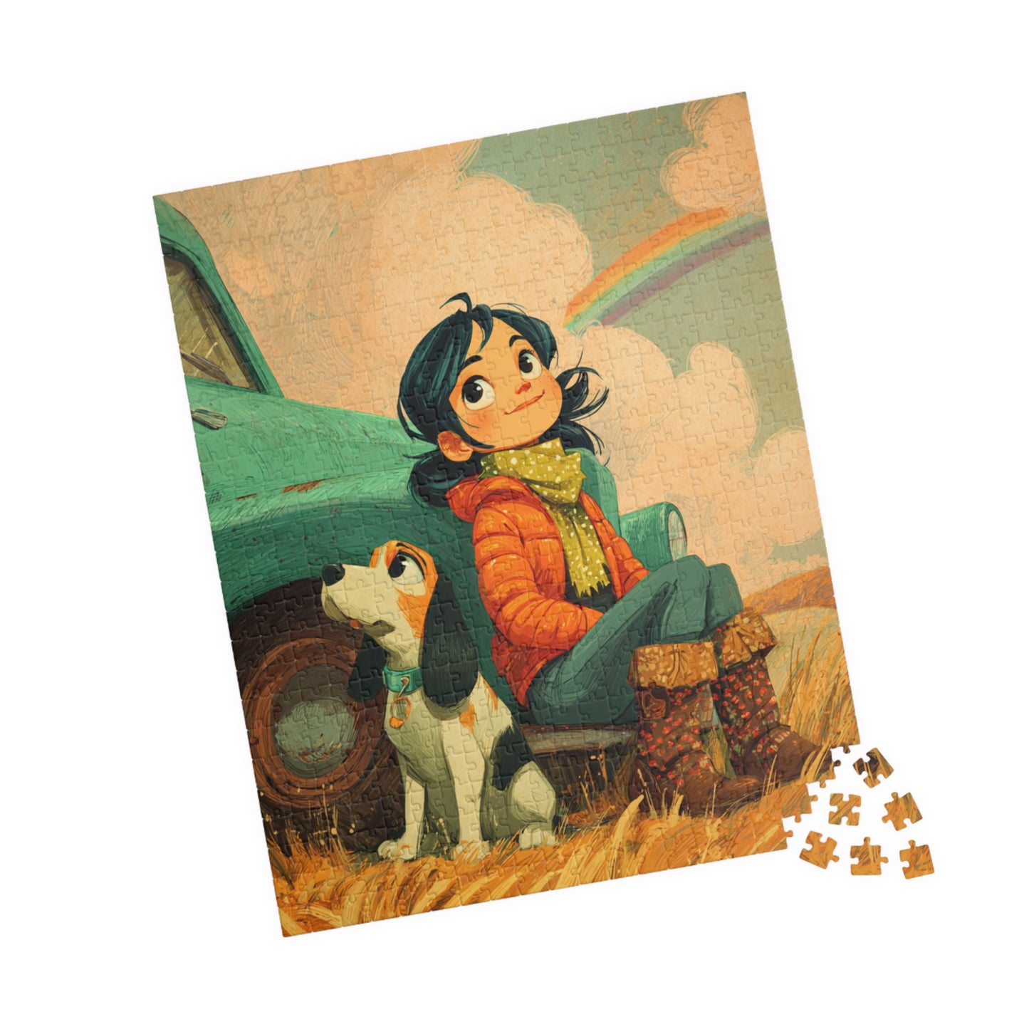 Cheerful Country Girl Jigsaw Puzzle – Whimsical Cartoon Truck, Dog and Rainbow Countryside Scene 520 pcs (Vertical) Puzzle The Puzzle Chest