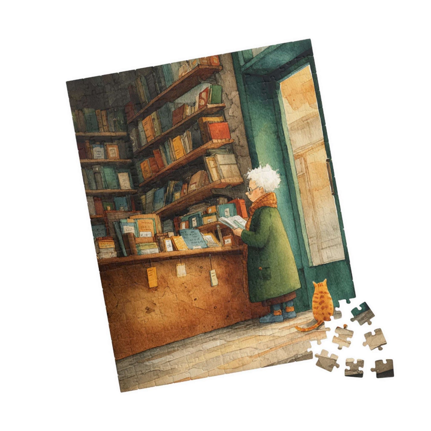 Golden Hour at the Book Nook - Cozy Bookstore Jigsaw Puzzle, Vintage Cartoon Illustration, Cat Lover, Holiday Birthday Gift for All Ages 252 pcs (Vertical) Puzzle The Puzzle Chest