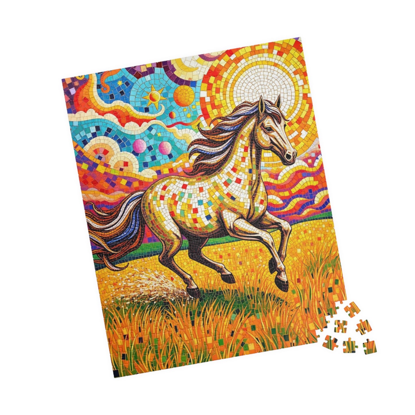 Mosaic Horse Puzzle, Mare Stallion Galloping in Golden Field Jigsaw Game, Relaxation Activity, Entertaining Pastime, Puzzle Fan Hobby Gift Puzzle The Puzzle Chest