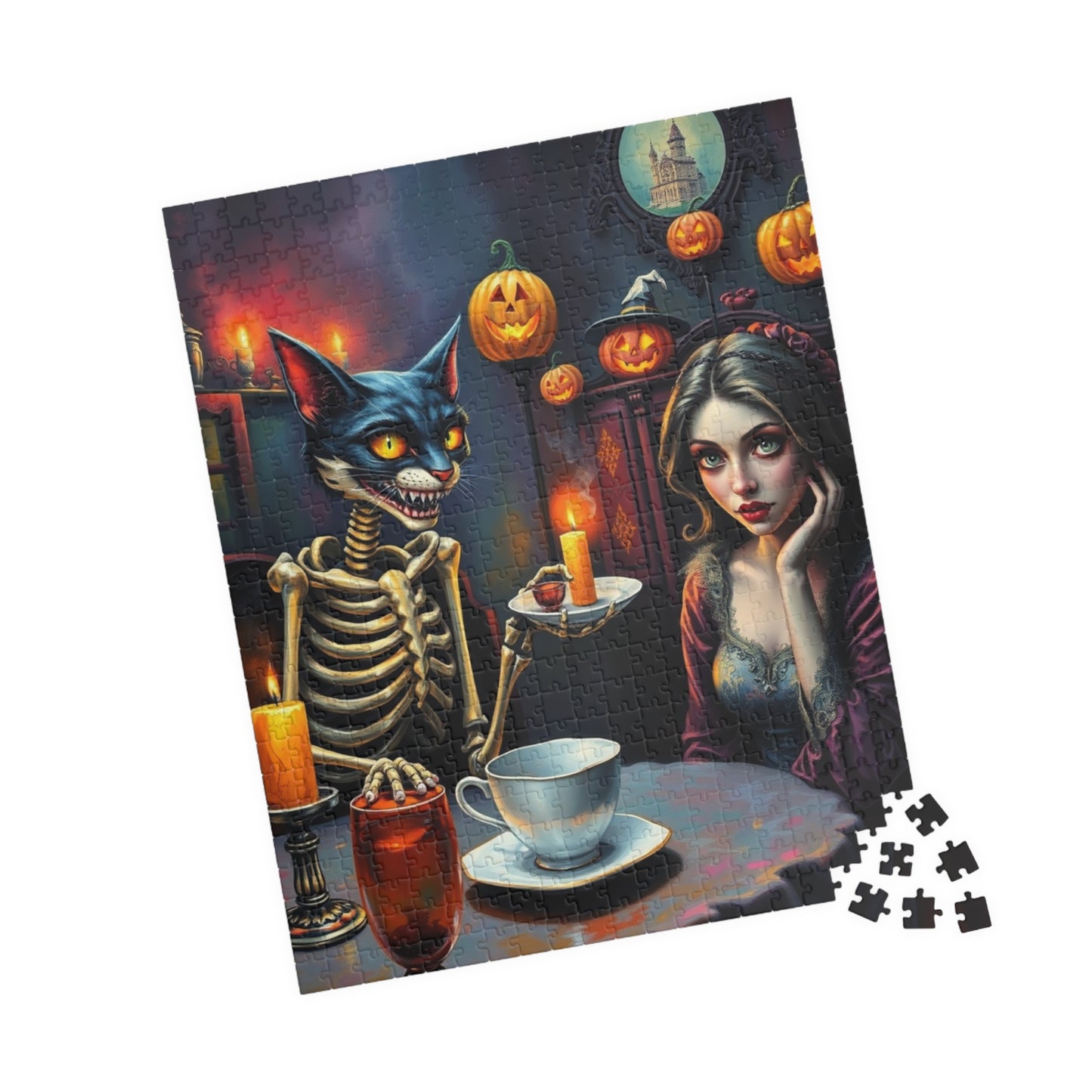 Whimsical Halloween Puzzle - Skeleton Cat Gothic Art, Spooky Gift, Family or Solo Fun, Halloween Decor, Unique Challenges, Holiday Activity Puzzle The Puzzle Chest