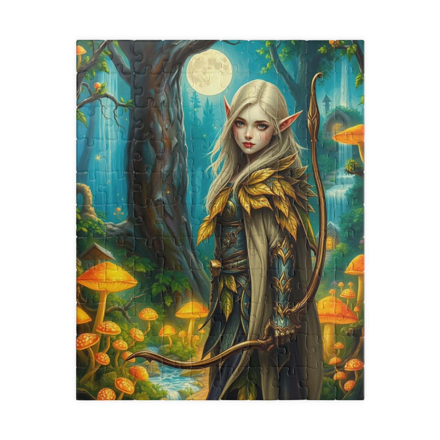 Elf Warrior Enchanted Forest Puzzle, Mystical Scene Glowing Mushrooms Moonlit Waterfalls, Fantasy Art Lover, Best Gift for Puzzle Enthusiast 110 pcs (Vertical) Puzzle The Puzzle Chest