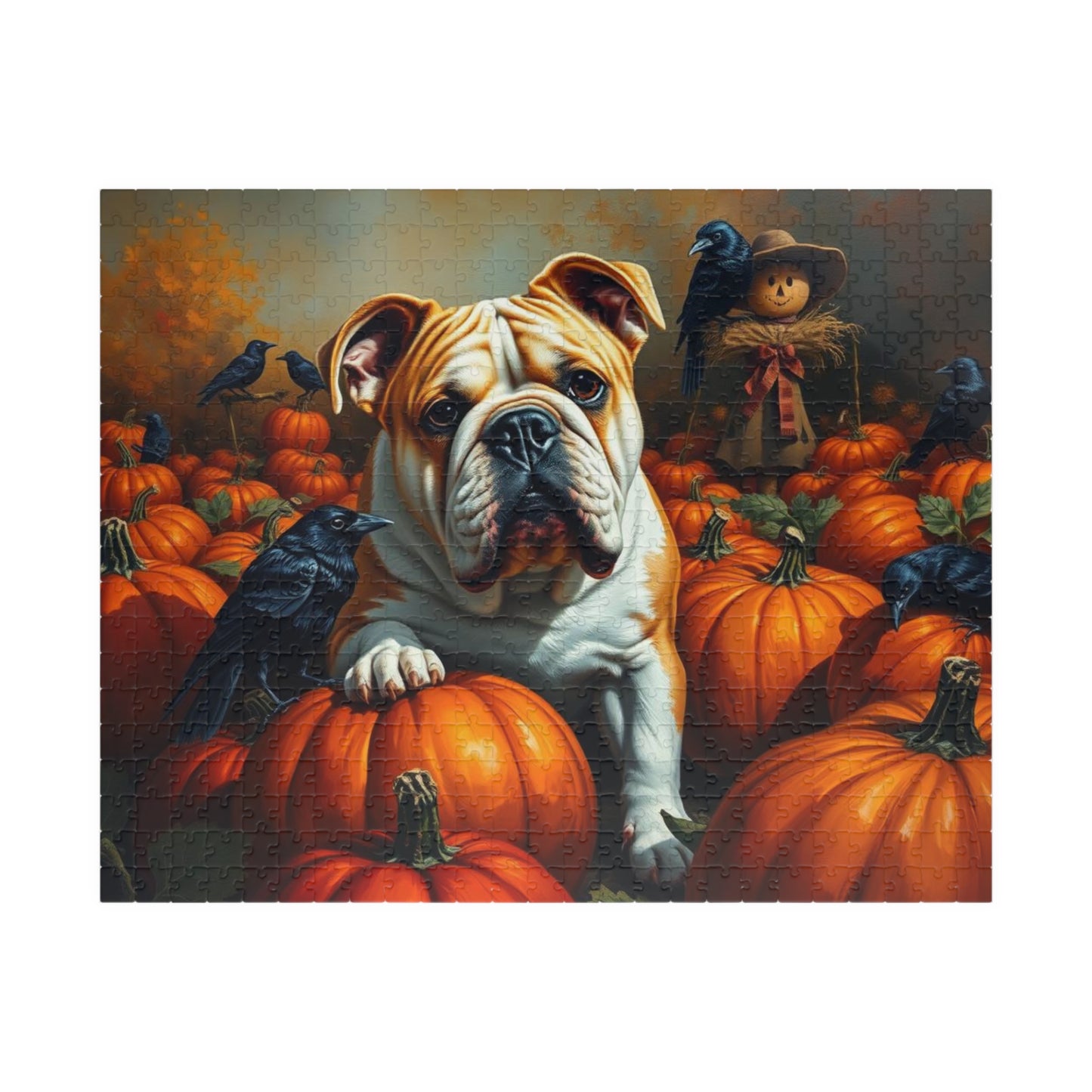 Autumn Pumpkin Dog Puzzle, Fall Bulldog Jigsaw Game for Dog Lover Gift, Family Game Night, Halloween Fun, Thanksgiving Activity Brain Teaser 520 pcs (Horizontal) Puzzle The Puzzle Chest