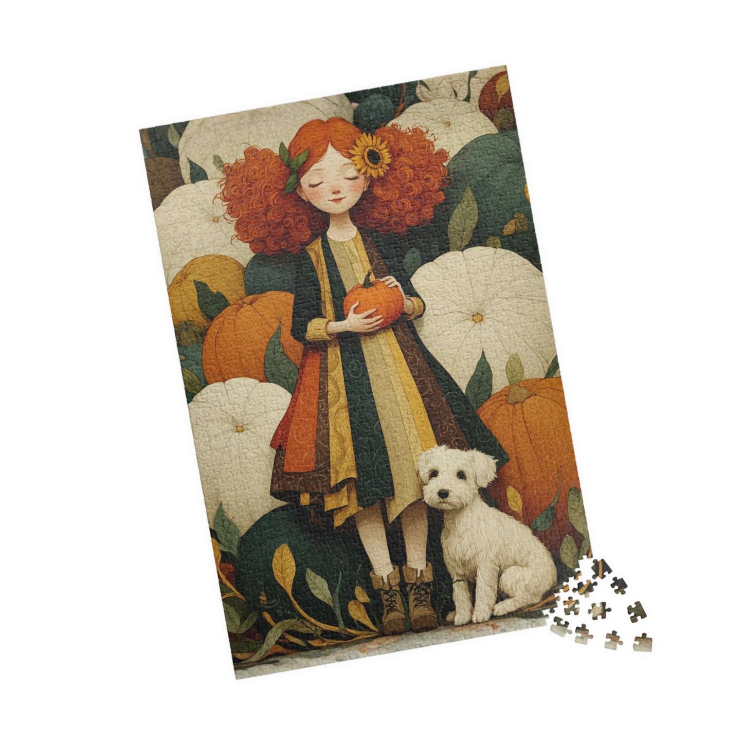 Red-Haired Girl and White Terrier in a Storybook Pumpkin Patch Fairy-Tale Jigsaw Puzzle 1014 pcs (Vertical) Puzzle The Puzzle Chest