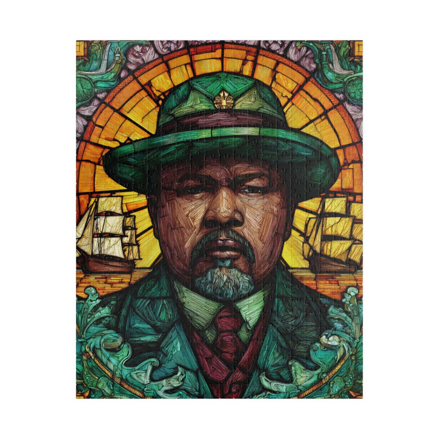 Marcus Garvey Jigsaw Puzzle – Afrocentric Stained Glass Art, Pan-African, Historical Black Leaders Puzzle, Sunburst & Ship Motif Illustration Puzzle The Puzzle Chest