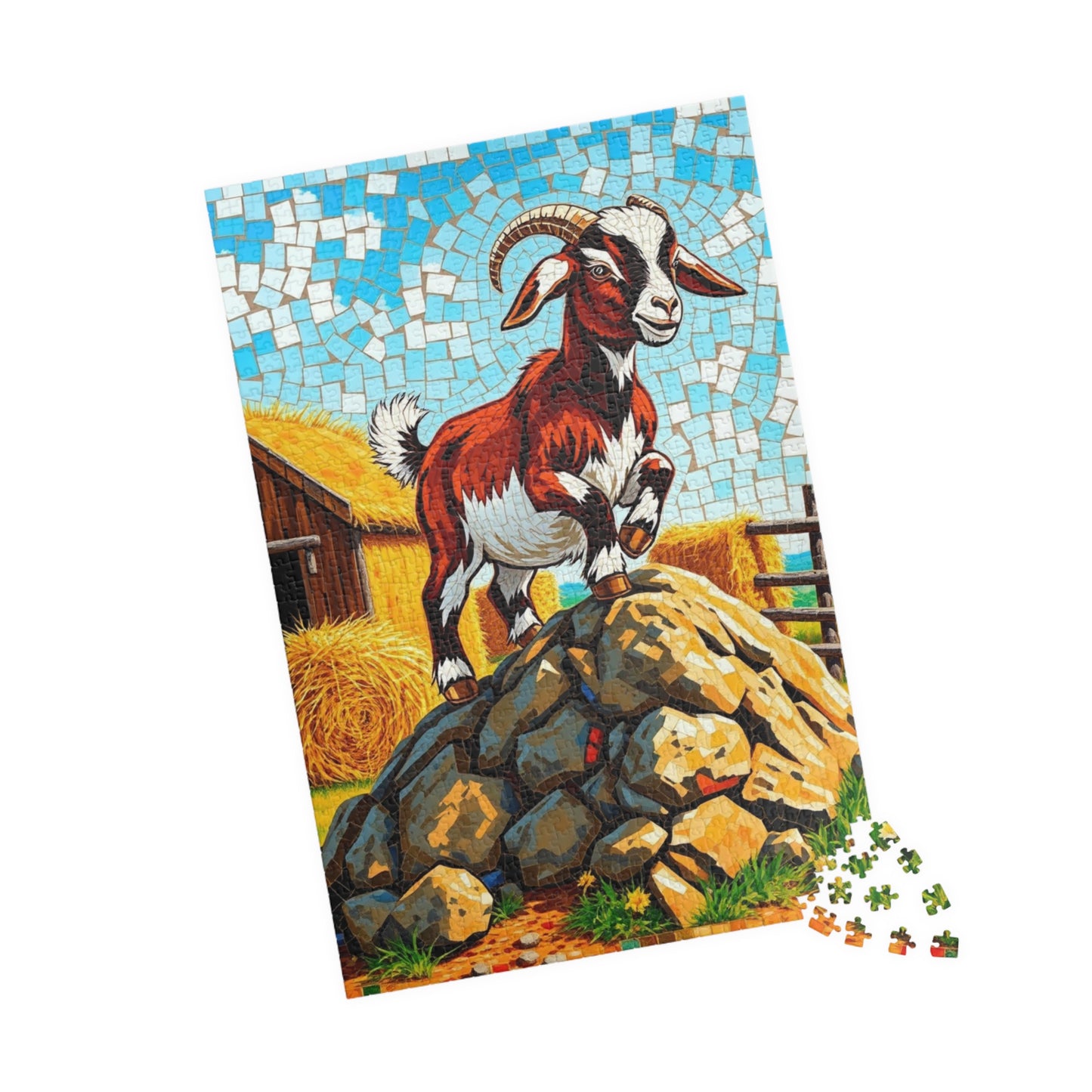 Playful Goat Mosaic Puzzle, Goat on Rocky Hill, Sunny Farm Scene Jigsaw Game for Adults, Family Activity, Mindful Puzzle Lover Gift Puzzle The Puzzle Chest