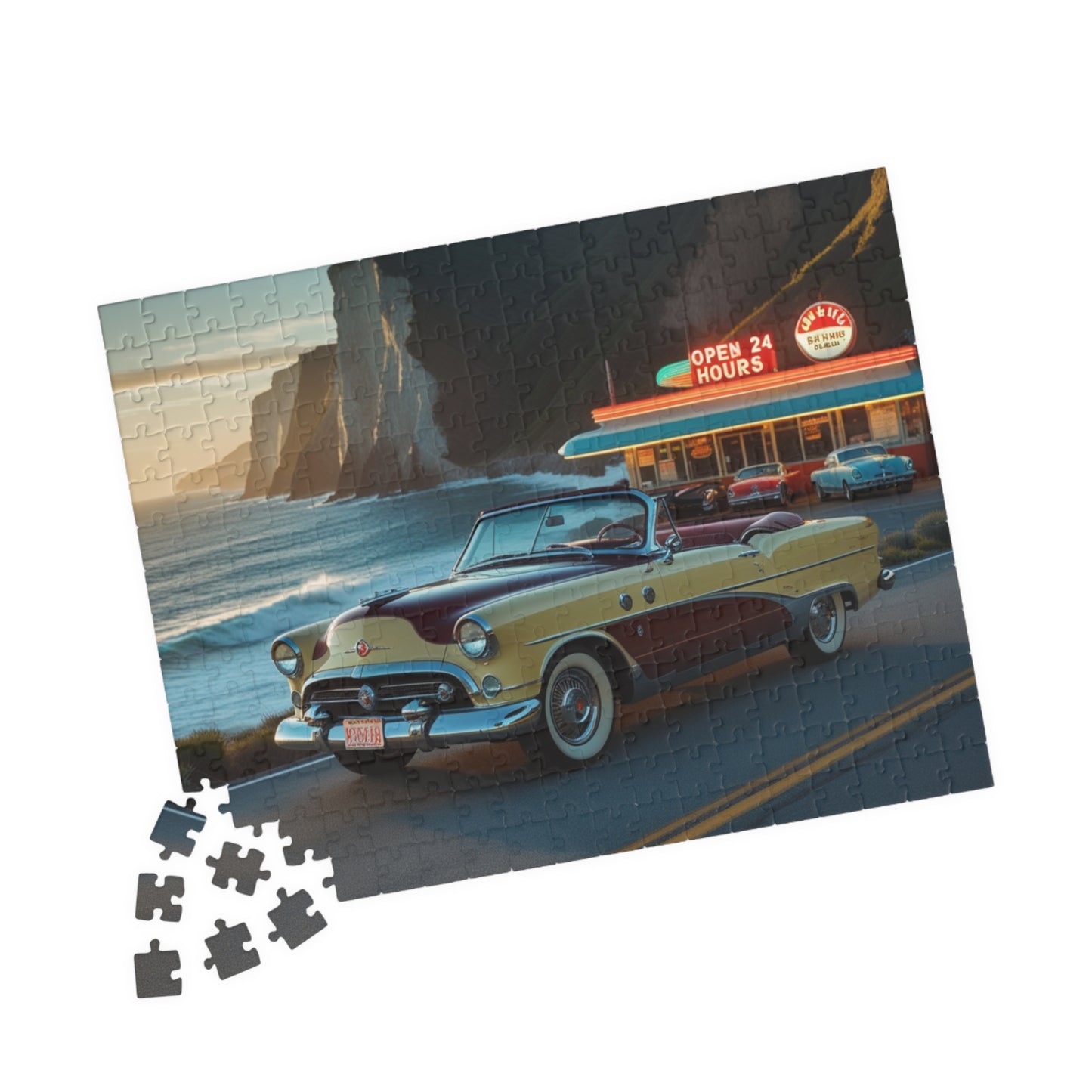 Retro Car Puzzle - Classic 1954 98 Starfire Convertible, Vintage Coastal Scene, Family Game Night, Best Gift for Retro Car Lover Puzzle The Puzzle Chest