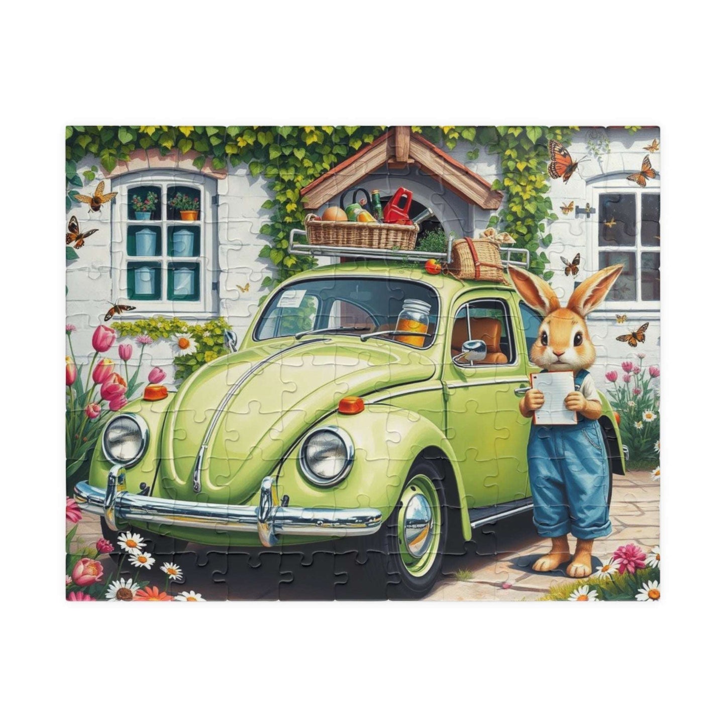 Springtime Garden Delivery Vintage Car Puzzle, Classic Retro Auto Jigsaw Game with Easter Rabbit 110 pcs (Horizontal) Puzzle The Puzzle Chest