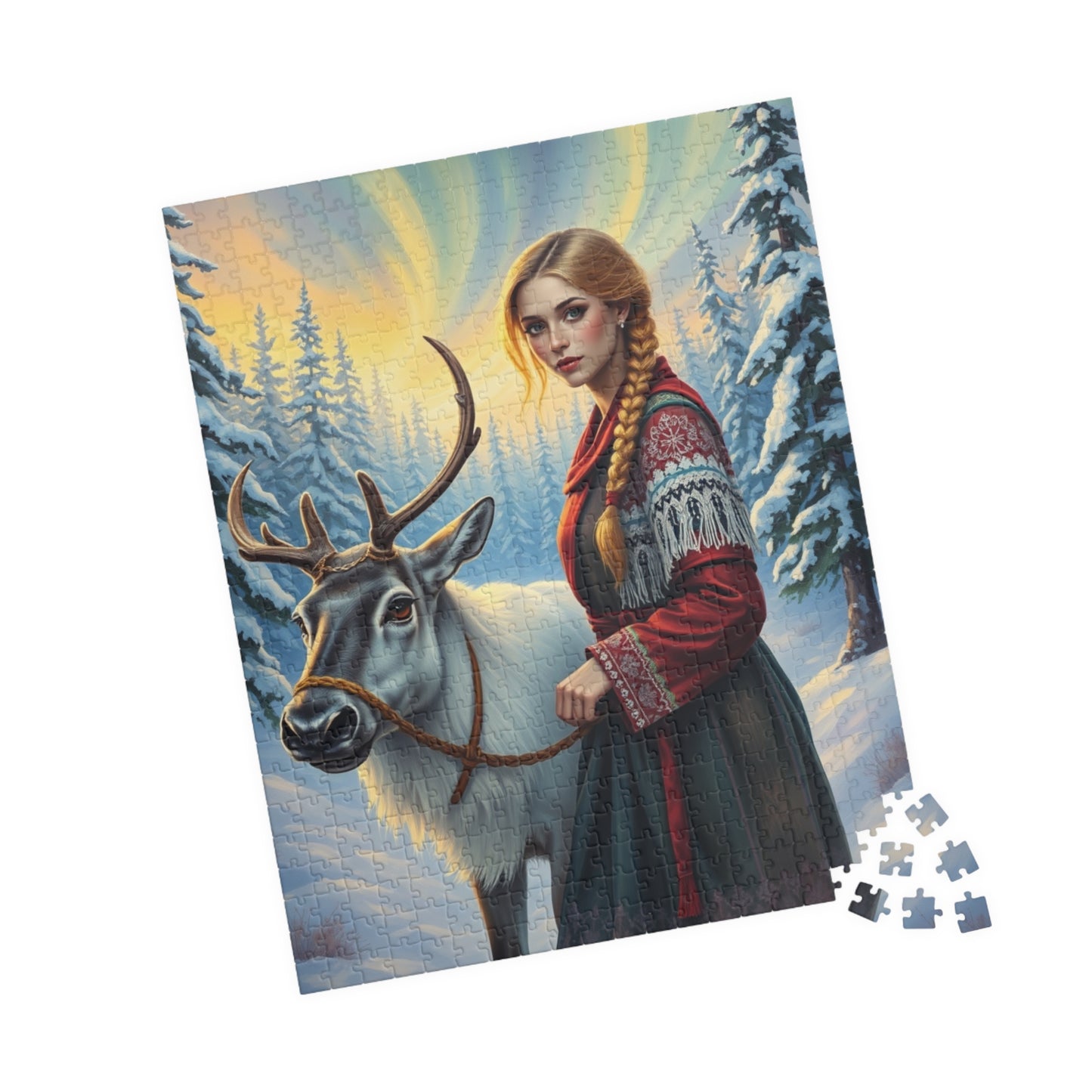Nordic Cultural Winter Jigsaw Puzzle, Woman Guiding Reindeer Northern Lights, Sami Attire Snowy Forest, Best Unique Gift for Puzzle Lover Puzzle The Puzzle Chest