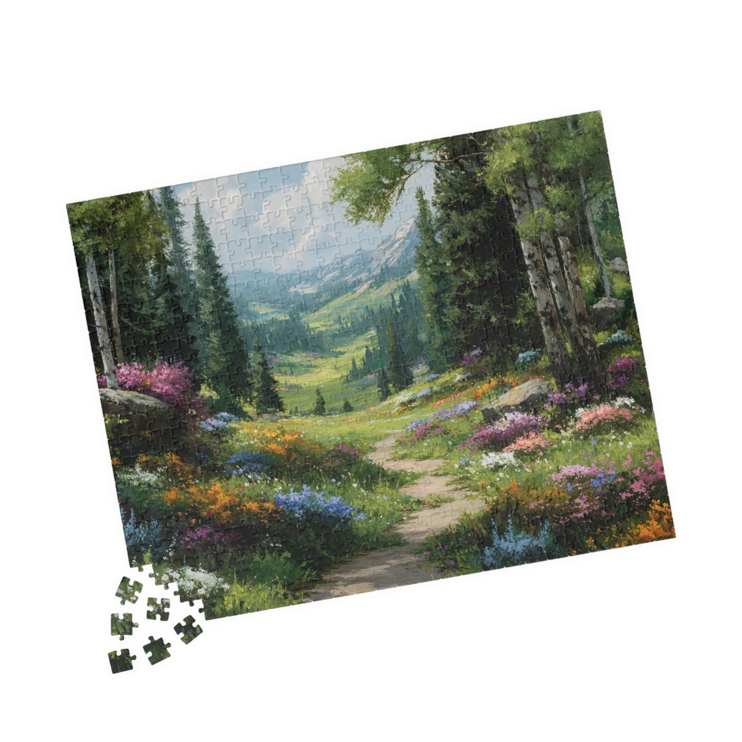 Spring Forest Path Jigsaw Puzzle – Sunlit Wildflower Meadow, Nature Inspired Floral Landscape 520 pcs (Horizontal) Puzzle The Puzzle Chest