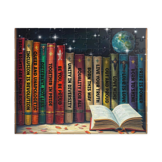 Stories of Pride Jigsaw Puzzle - A Cosmic Bookshelf of Love and Identity, Inclusive Diversity Puzzle, LGBTQ+ Puzzle with Inspirational Quotes, Alternative Lifestyle Gift 110 pcs (Horizontal) Puzzle The Puzzle Chest