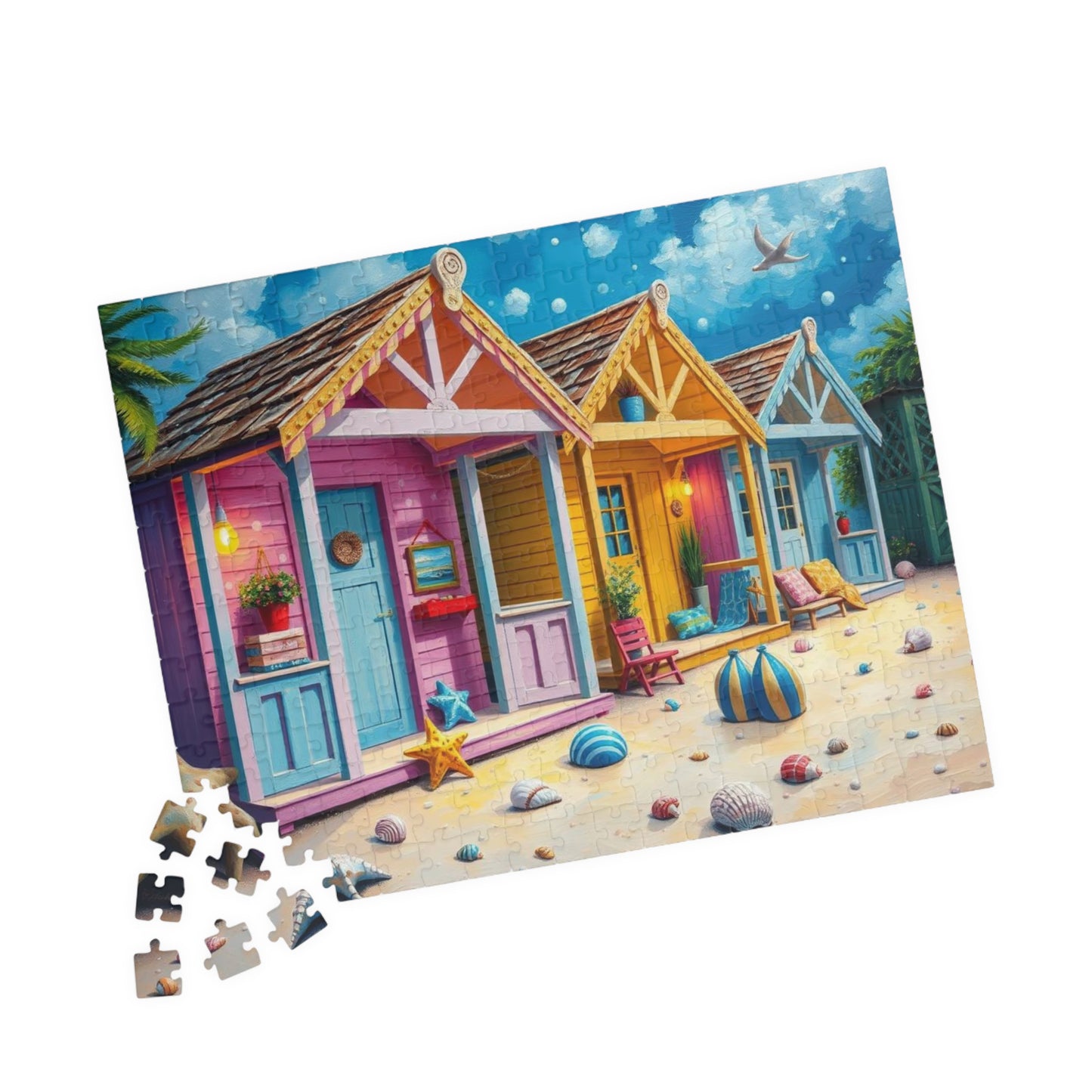 Beach Puzzle with Pastel Huts, Coastal Jigsaw Puzzle for Adult, 110-1014 Pieces Seaside Puzzle Fun Family Game, Friend Gift for Puzzle Lover Puzzle The Puzzle Chest
