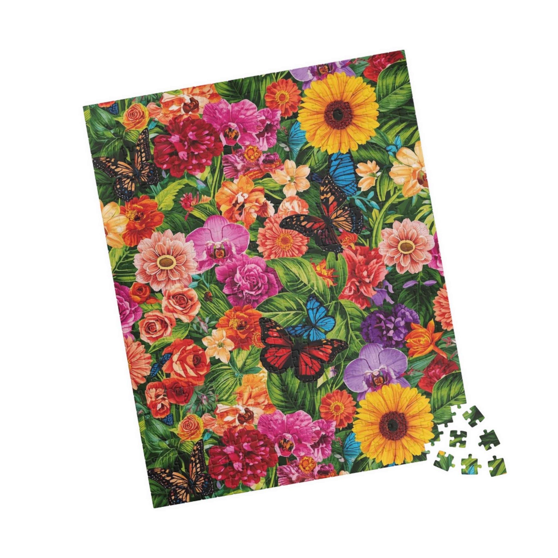 Garden Collage Jigsaw Puzzle – Overlapping Flowers, Butterflies, and Green Leaves in a Vibrant Nature Puzzle 520 pcs (Vertical) Puzzle The Puzzle Chest