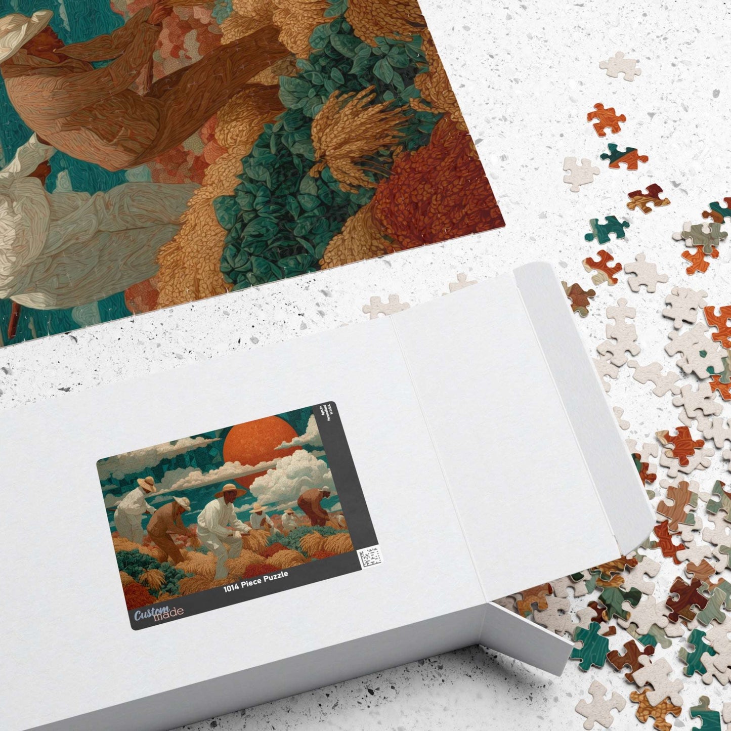 Afrocentric Black Art Jigsaw Puzzle - Sharecroppers in Golden Fields with Quilt-Pattern Sky Puzzle The Puzzle Chest