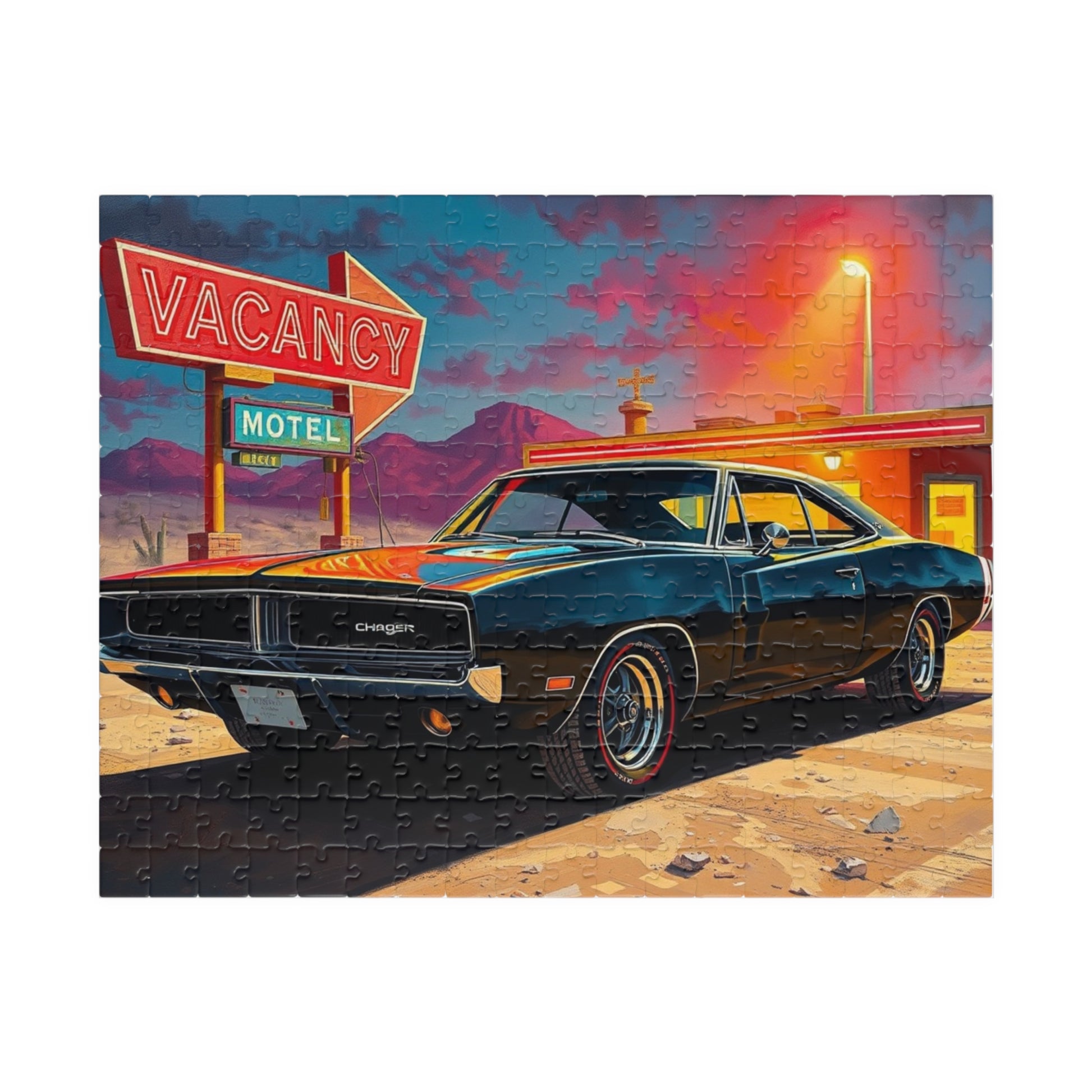 Vintage Muscle Car Puzzle, Black 1969 Charger, Classic Car Desert Motel Scene Jigsaw Game 252 pcs (Horizontal) Puzzle The Puzzle Chest