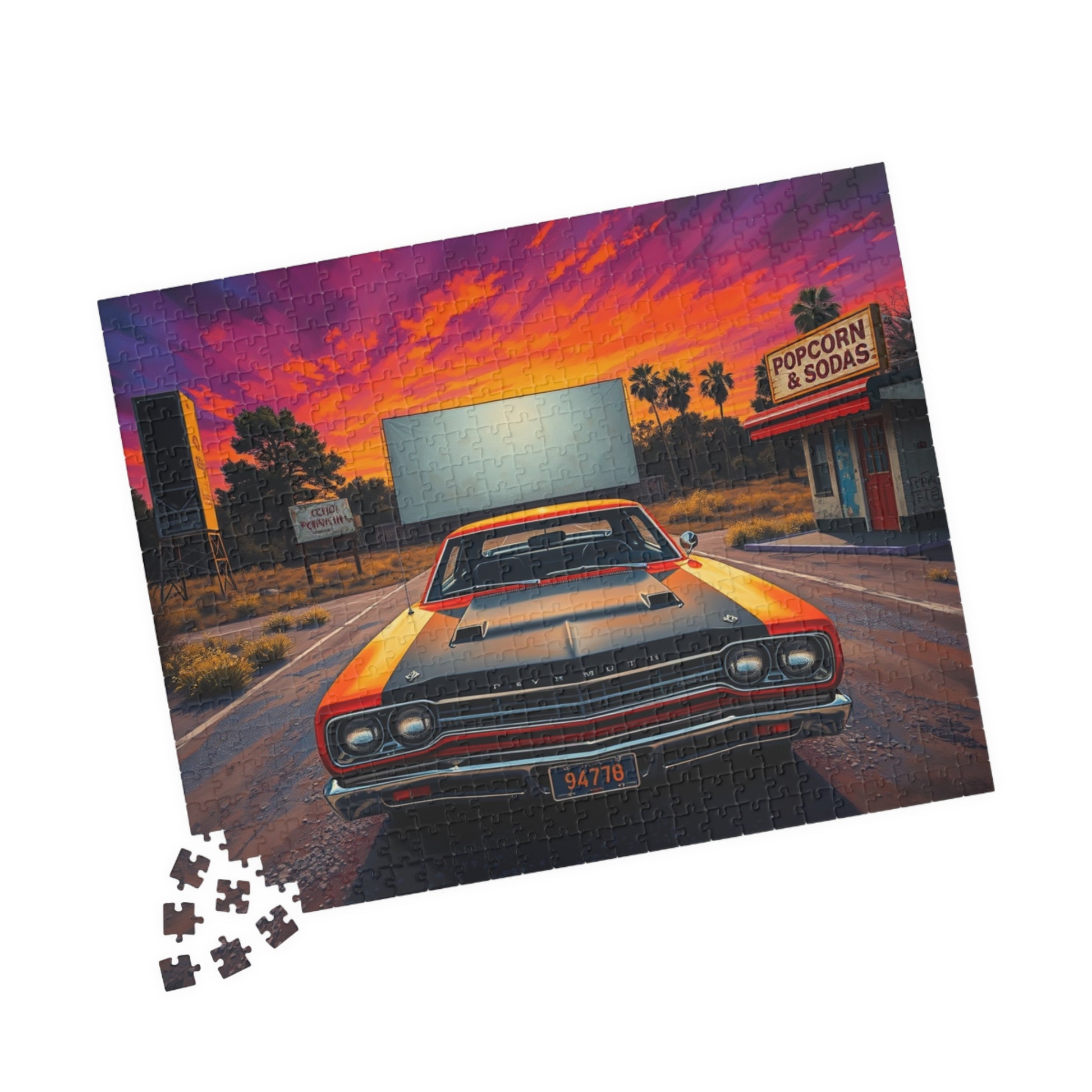 Vintage Car Puzzle, Orange 1969 Road Runner, Sunset Classic Vehicle Scene Nostalgic Drive-In Background Puzzle The Puzzle Chest
