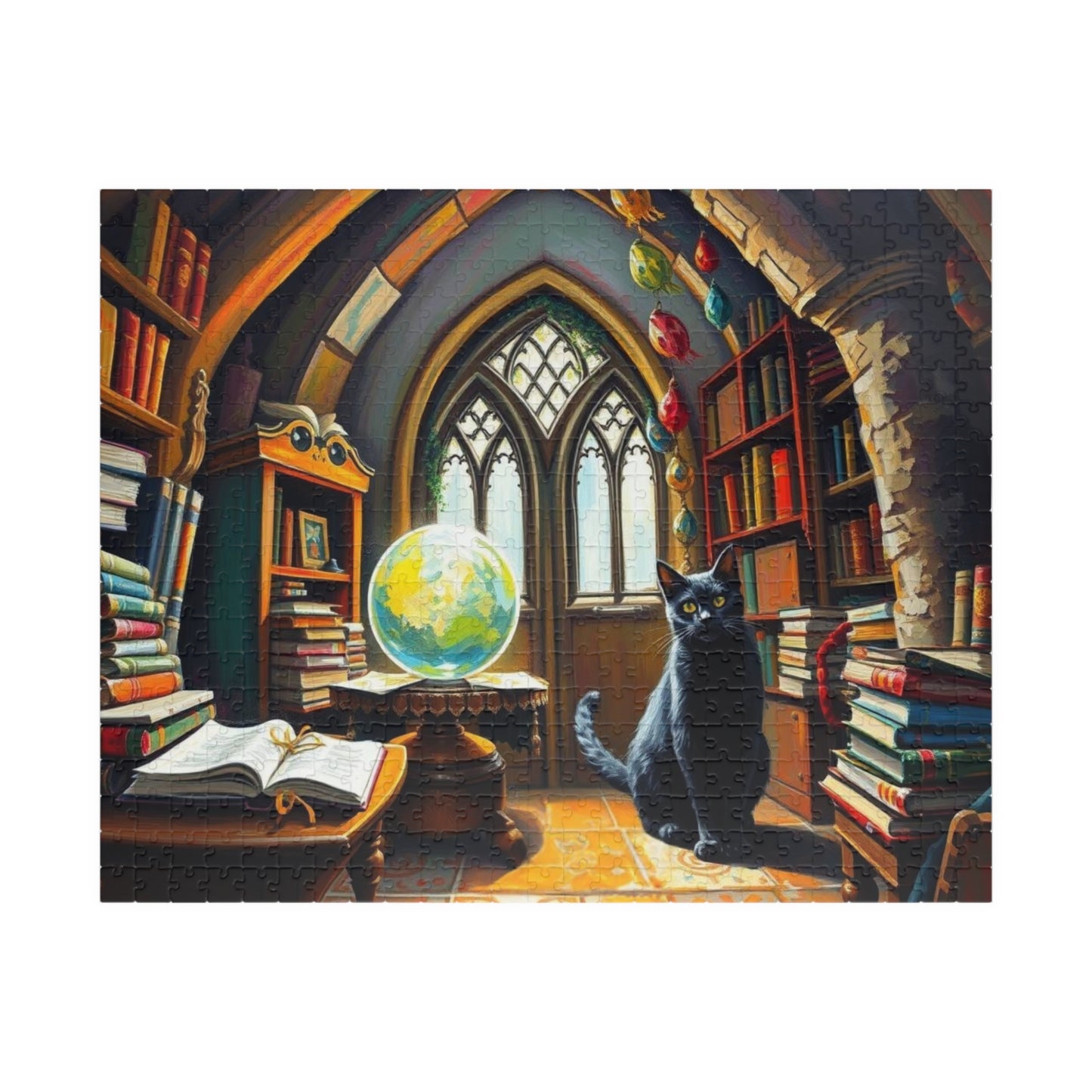 Cat Lover's Fantasy Puzzle, Cozy Gothic Library Scene, 110/252/520/1014-Piece Jigsaw, Gift for Cat Enthusiast, Home Décor, Fun Activity 520 pcs (Horizontal) The Puzzle Chest