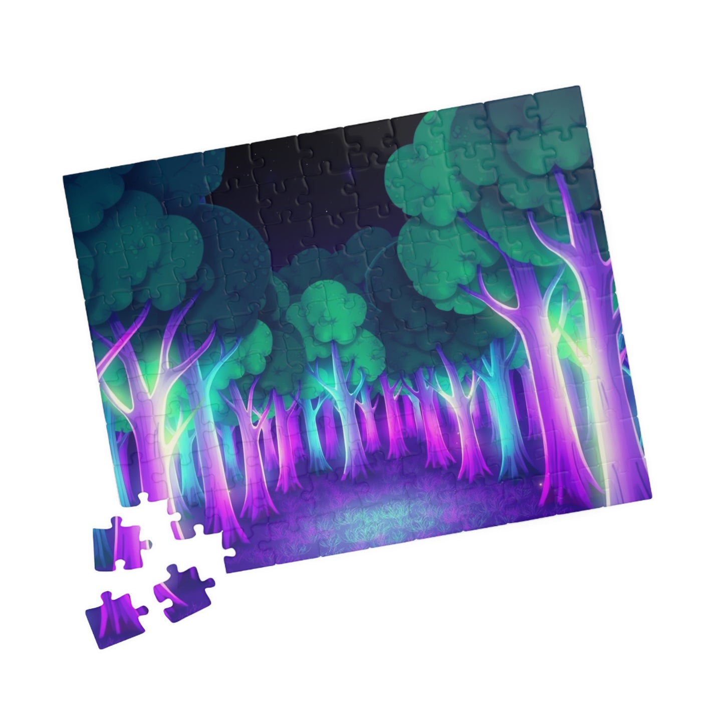 Abstract Forest Landscape Jigsaw Puzzle, Glowing Purple Green Neon Trees, Fantasy Art Puzzle Lover, Quiet Time Leisurely Activity, Fun Hobby Puzzle The Puzzle Chest