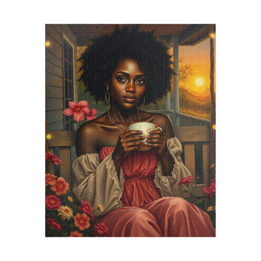 Tranquil Moment Black Art Jigsaw Puzzle, Afrocentric Artwork, Beautiful Black Woman with Coffee, African American Gift Puzzle Lover Hobbyist 520 pcs (Vertical) Puzzle The Puzzle Chest