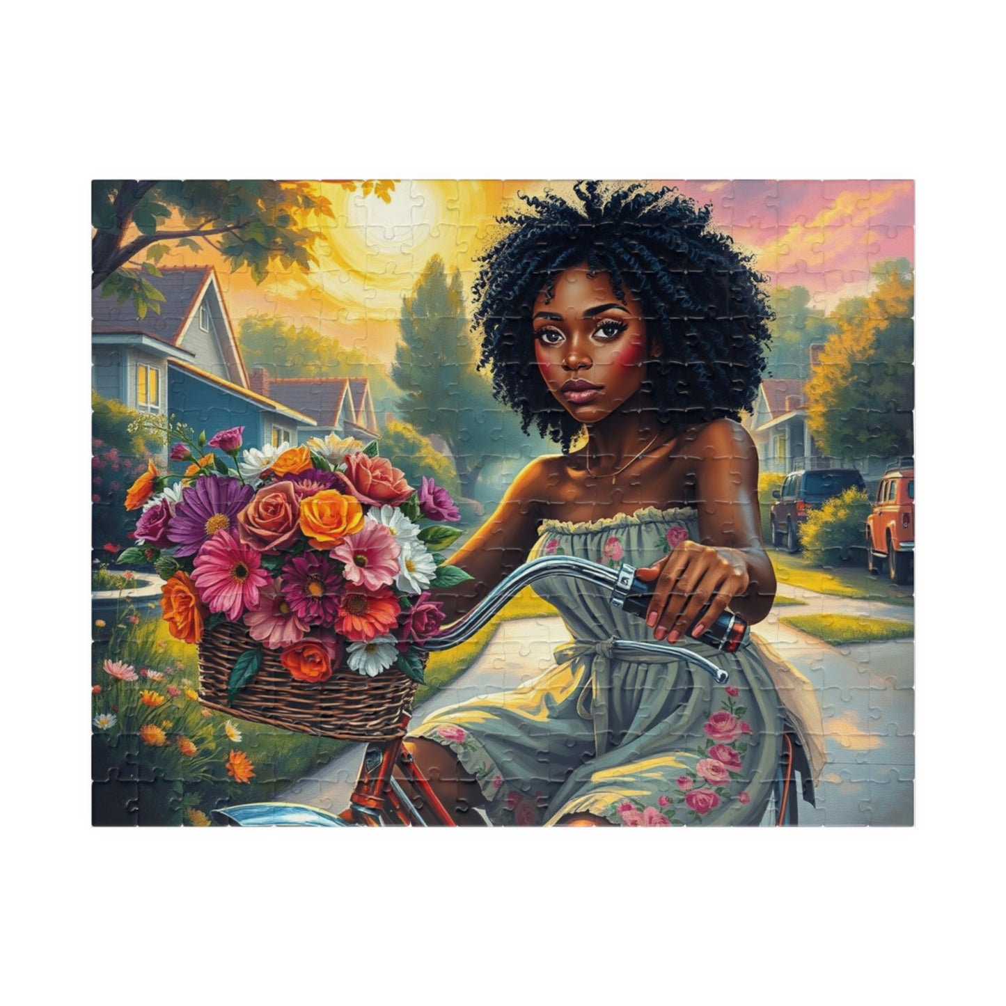 African American Jigsaw Puzzle, Black Woman Bicycle Scene Jigsaw Game, Black Art for Family Fun, Gift for Her, Perfect for Puzzle Enthusiast 252 pcs (Horizontal) Puzzle The Puzzle Chest
