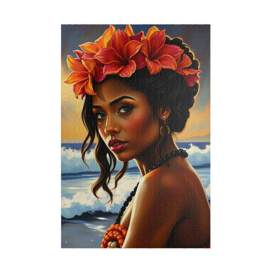 Close-Up Portrait Puzzle of Polynesian Woman, Beach Background Floral Crown Ocean Waves, Cultural Art Family Jigsaw Game, Puzzle Lover Gift 1014 pcs (Vertical) Puzzle The Puzzle Chest