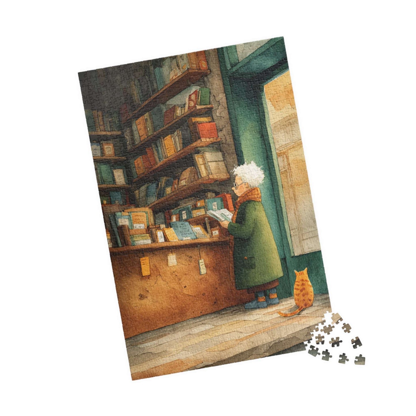 Golden Hour at the Book Nook - Cozy Bookstore Jigsaw Puzzle, Vintage Cartoon Illustration, Cat Lover, Holiday Birthday Gift for All Ages 1014 pcs (Vertical) Puzzle The Puzzle Chest