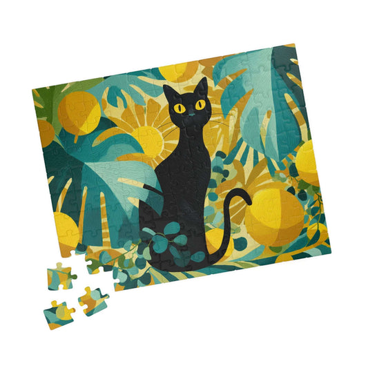 Cat with Tropical Leaves β Vibrant Fauvist Jigsaw Puzzle, Animal Theme Jungle Mystical Black Cat Art Puzzle 110 pcs (Horizontal) Puzzle The Puzzle Chest