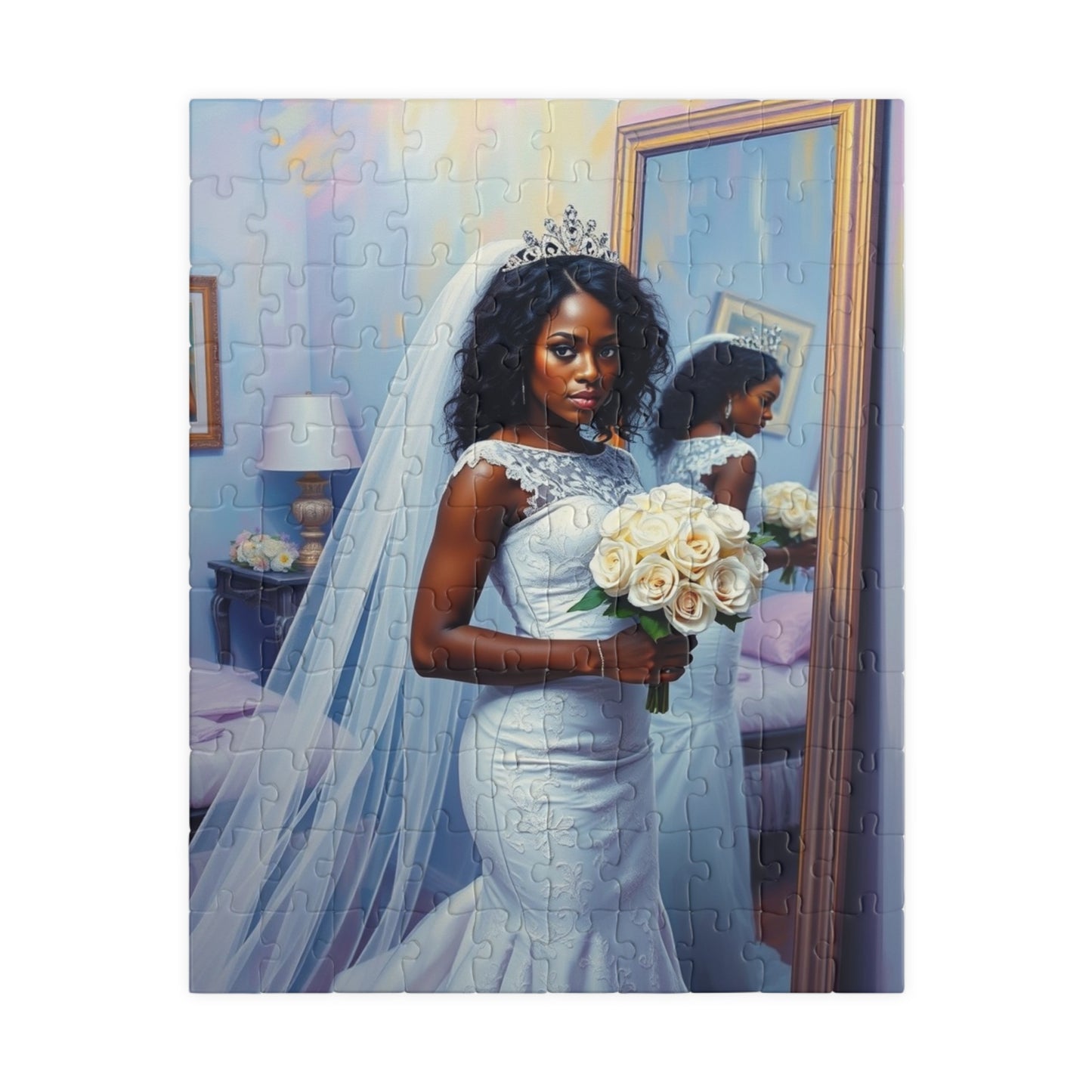 African American Bride Puzzle, White Lace Gown and Tiara, Black Woman Wedding Day Reflection Jigsaw Game 110 pcs (Vertical) Puzzle The Puzzle Chest
