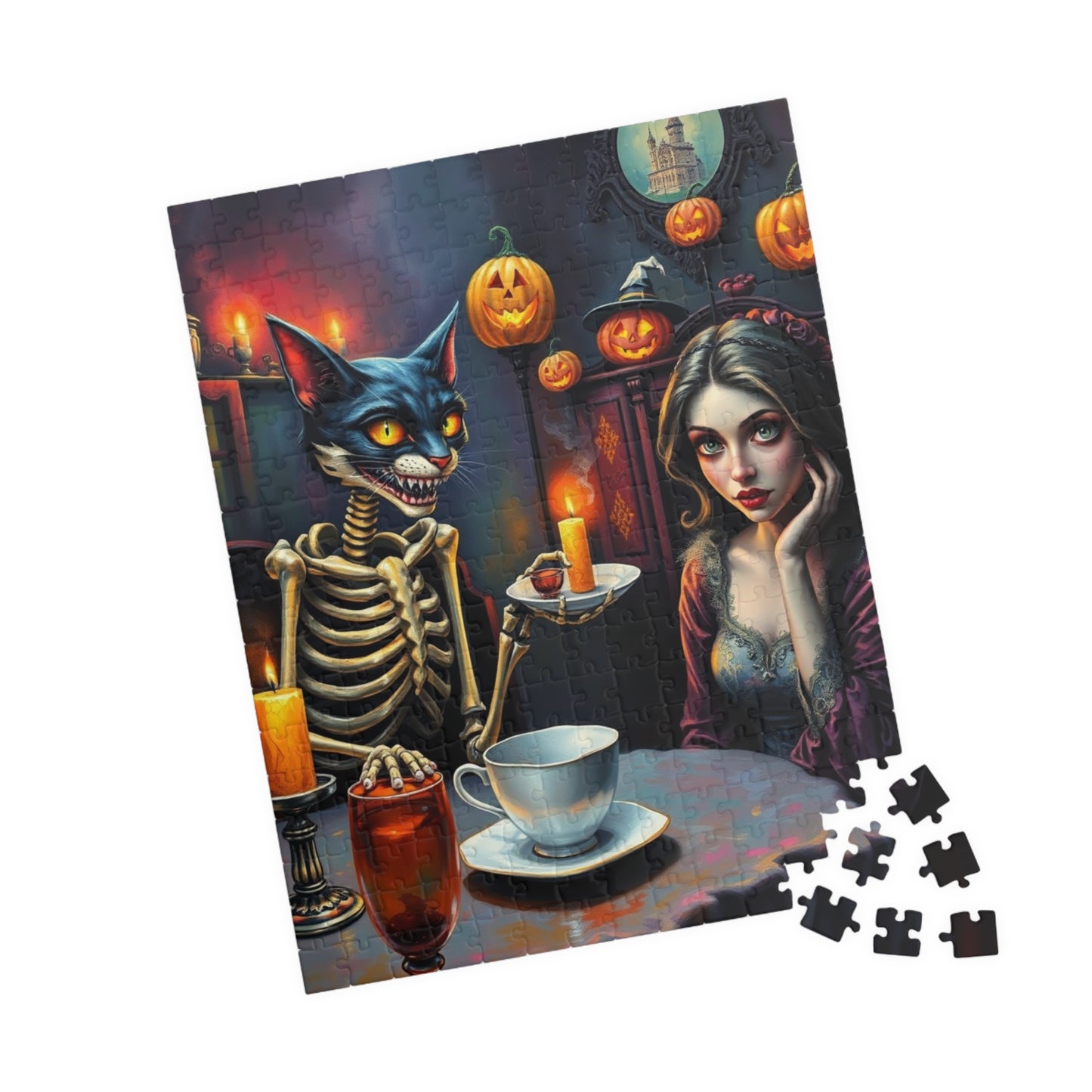 Whimsical Halloween Puzzle - Skeleton Cat Gothic Art, Spooky Gift, Family or Solo Fun, Halloween Decor, Unique Challenges, Holiday Activity Puzzle The Puzzle Chest