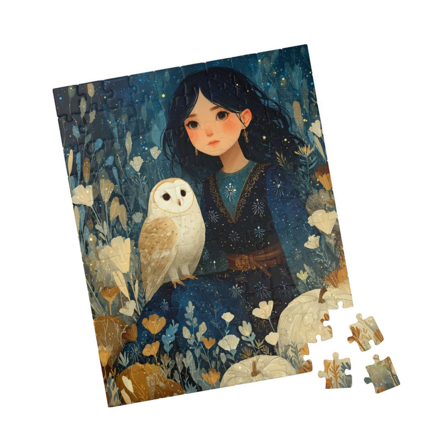 Twilight Pumpkin Grove Fairy-Tale Puzzle - Dark Haired Girl and Wise Owl, Nature Lovers Gift, Family Activity, Home Entertainment 110 pcs (Vertical) Puzzle The Puzzle Chest