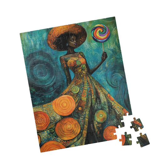 Afrocentric Woman with Lollipop Puzzle | Black Woman Art Jigsaw Game