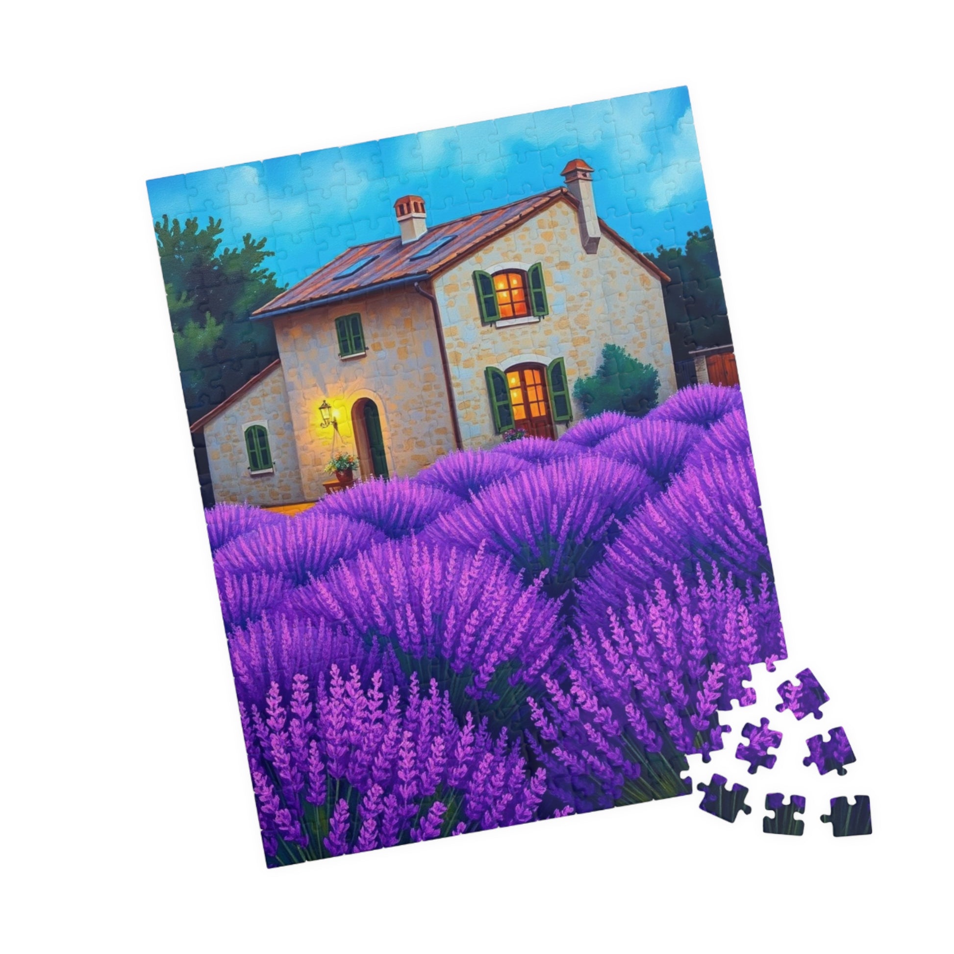 Puzzle, Bioluminescent Lavender Fields in Provence, France, 110/252/520/1014-Piece, Rustic Stone Farmhouse, Wooden Shutters, Vibrant Purple Puzzle The Puzzle Chest