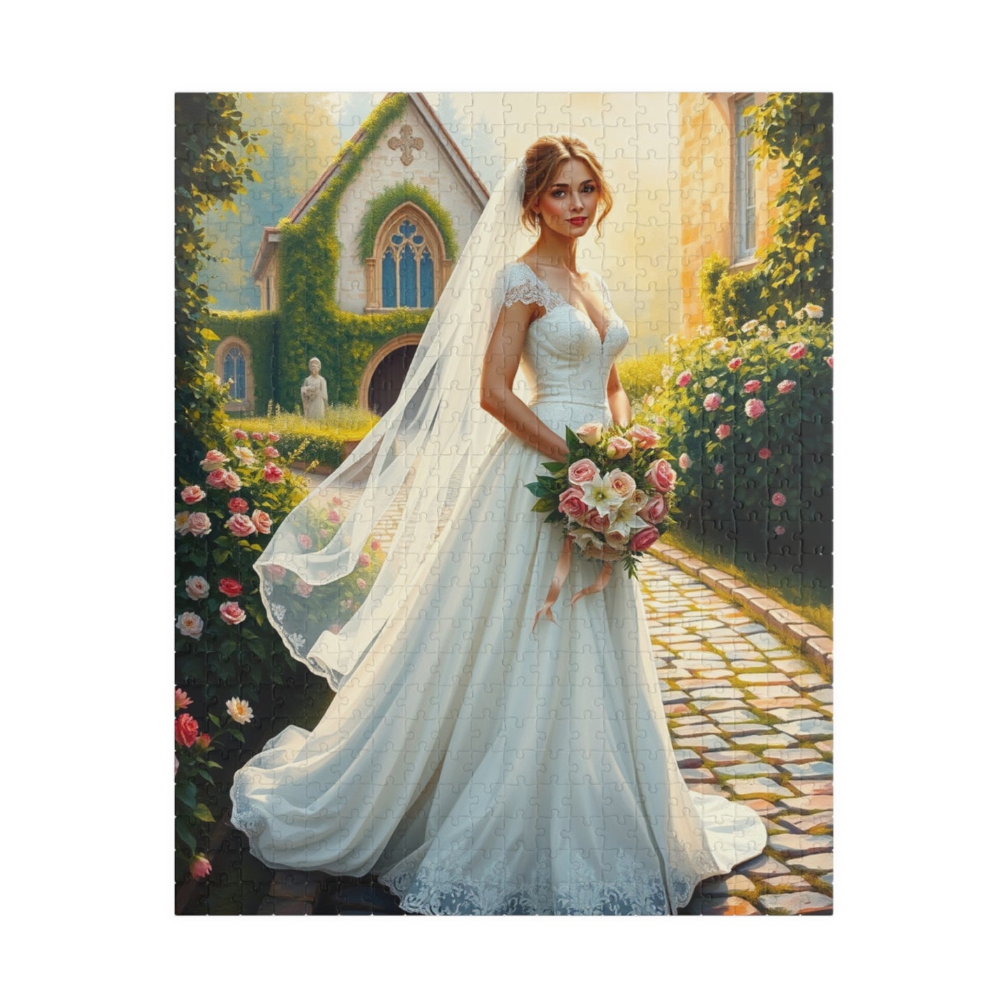 Elegant Italian Bride Jigsaw Puzzle, White Gown Rose and Lily Bouquet, Tuscan Chapel Romantic Wedding, Unique Puzzle Enthusiast Gift Hobby 520 pcs (Vertical) Puzzle The Puzzle Chest