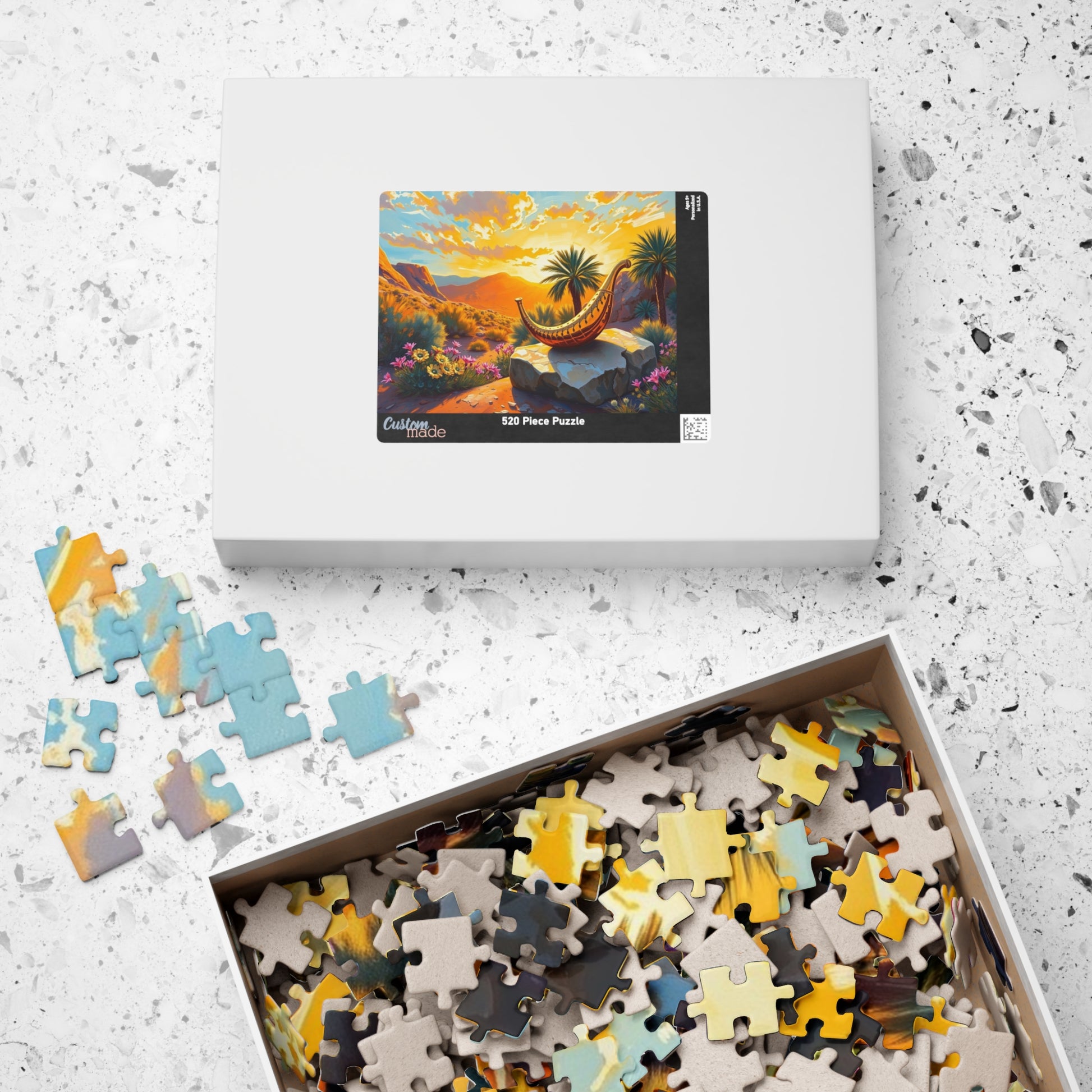 Golden Shofar Jigsaw Puzzle, Desert Oasis Landscape with Palm Trees Wildflowers, Faith-Based Religious Christian Tabletop Game, Jewish Gift Puzzle The Puzzle Chest