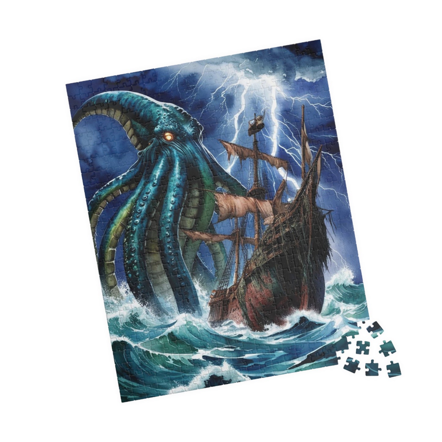 Kraken Puzzle, Mythical Creature Colossal Sea Monster Jigsaw, Pirate Ship Stormy Ocean Theme Tabletop Game for Adult Entertainment, Hobby