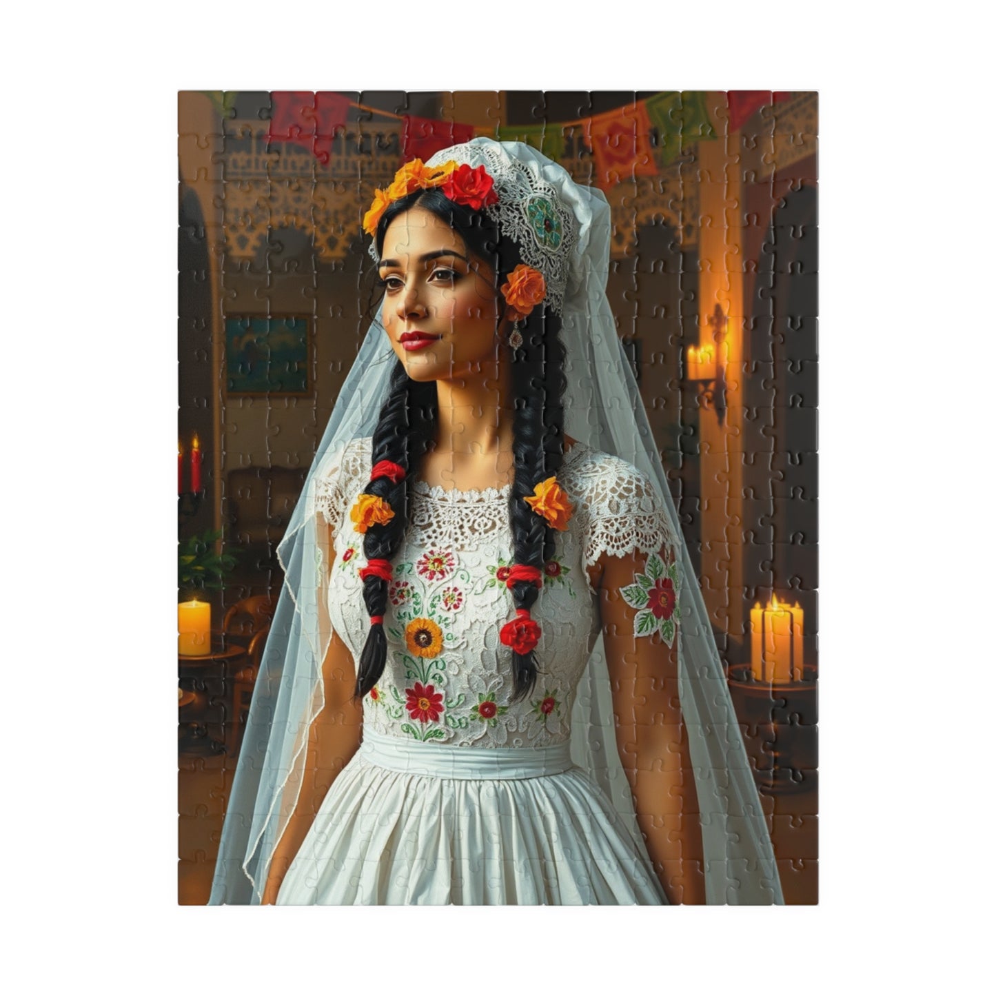 Elegant Mexican Bride Puzzle with Papel Picado Background, Hacienda Courtyard Wedding Jigsaw, Unique Gift for Puzzle Enthusiast Hobbyist 252 pcs (Vertical) Puzzle The Puzzle Chest