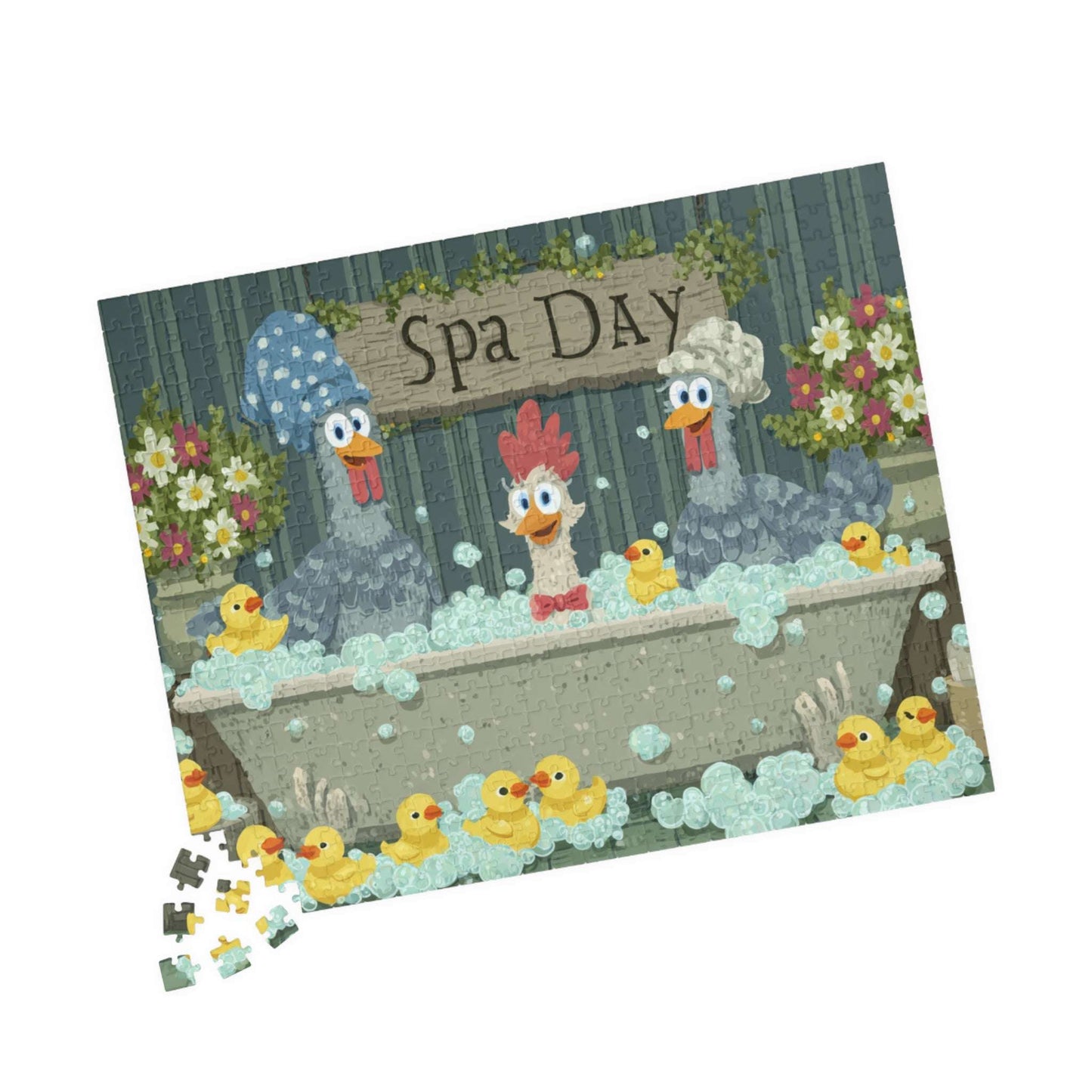 Funny Rubber Duck Chicken Puzzle – Quirky Chickens in Bubble Bath with Ducks, Whimsical Fairy-Tale Jigsaw Puzzle 520 pcs (Horizontal) Puzzle The Puzzle Chest