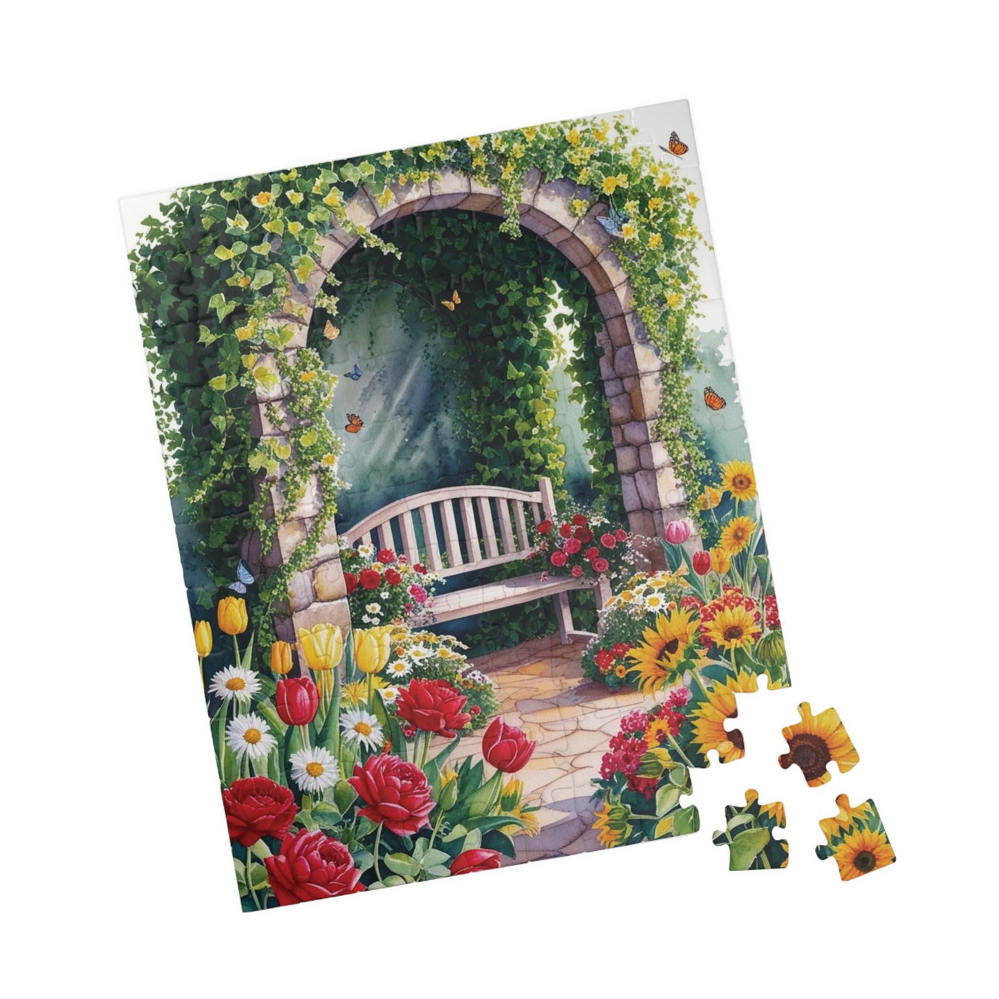 Jigsaw Puzzle, Flower Garden Mosaic Puzzle, Roses Tulips Daisies Sunflowers, Wooden Bench Ivy Butterflies, 110 252 520 1014 pieces, Gift for Puzzle The Puzzle Chest