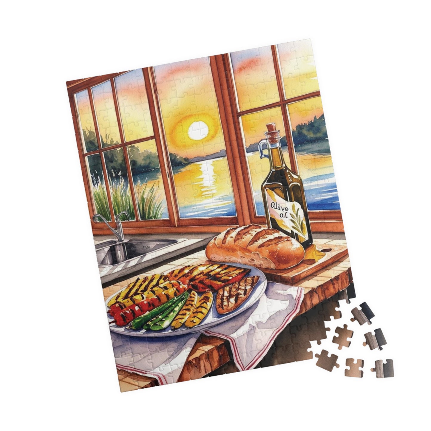 Foodie Kitchen Sunset Jigsaw Puzzle, Serene Lake View Dinner Table Scene, Frameable Culinary Art, Puzzle Enthusiast Gift for Friend 252 pcs (Vertical) Puzzle The Puzzle Chest