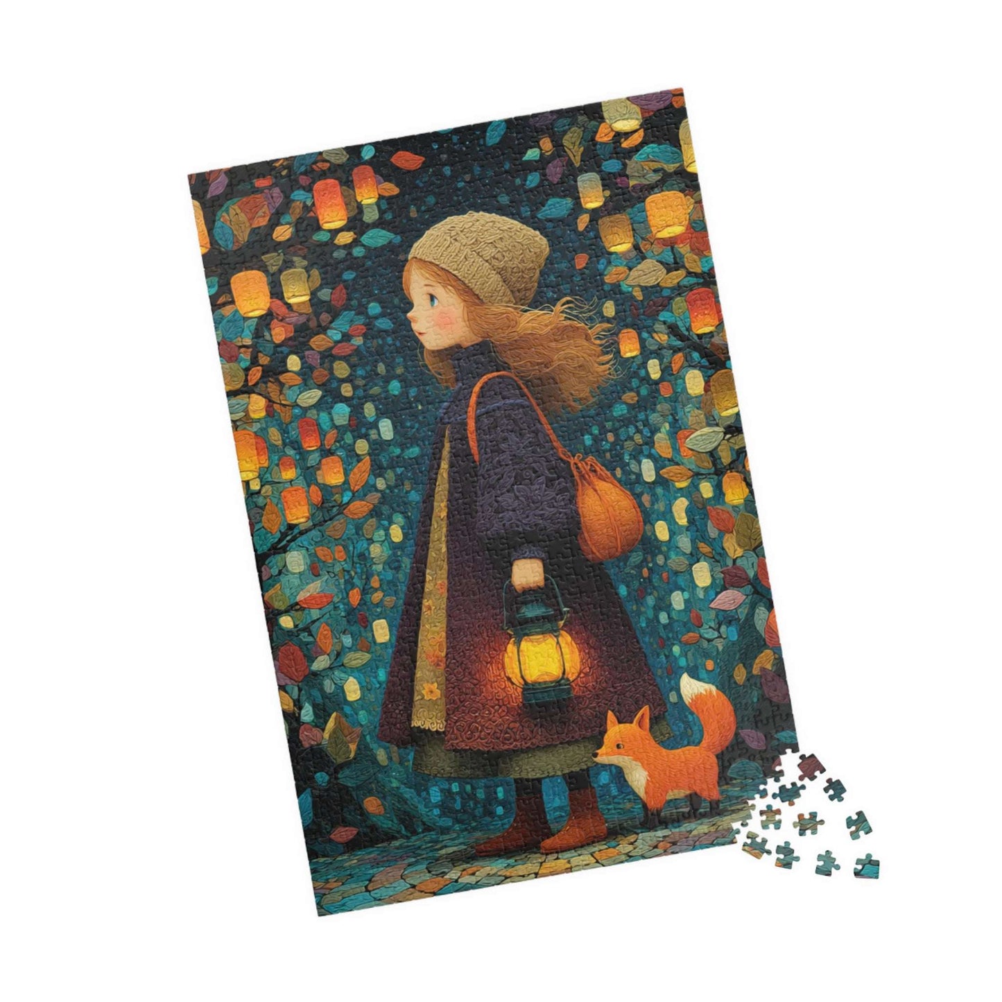 Lantern Path Jigsaw Puzzle – Whimsical Fall Puzzle for Adults, Girl with Fox and Pumpkin Lanterns 1014 pcs (Vertical) Puzzle The Puzzle Chest
