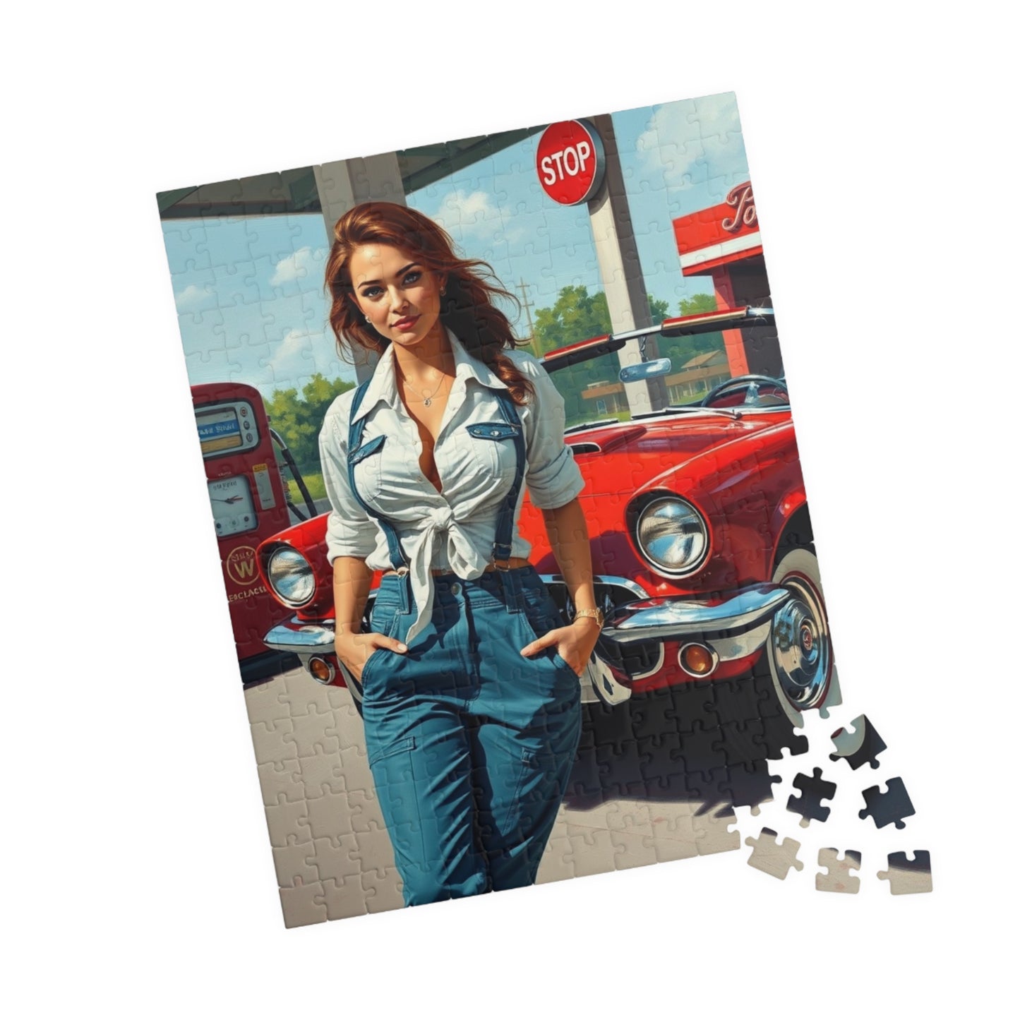 Puzzle, Vintage Mechanic Woman and Red Convertible, Jigsaw Game for Adults, Classic Car Puzzle, Retro Gas Station Image, Brain Teaser Gift Puzzle The Puzzle Chest