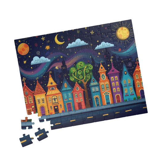 Raindrop Row Town Jigsaw Puzzle - Nighttime Village Puzzle Game 110 pcs (Horizontal) Puzzle The Puzzle Chest