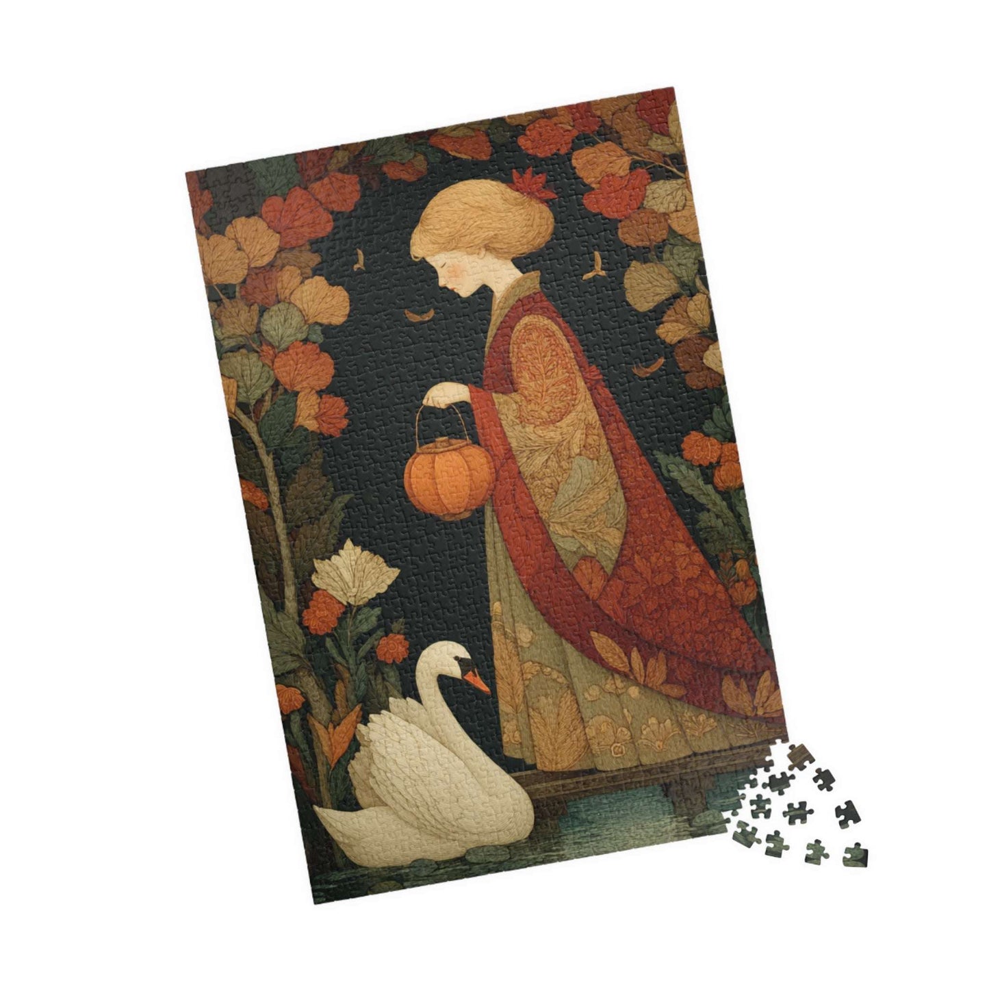 Autumn Bridge Jigsaw Puzzle – Whimsical Fall Fairy-Tale Puzzle for Adults, Girl with Lantern and Swan 1014 pcs (Vertical) Puzzle The Puzzle Chest