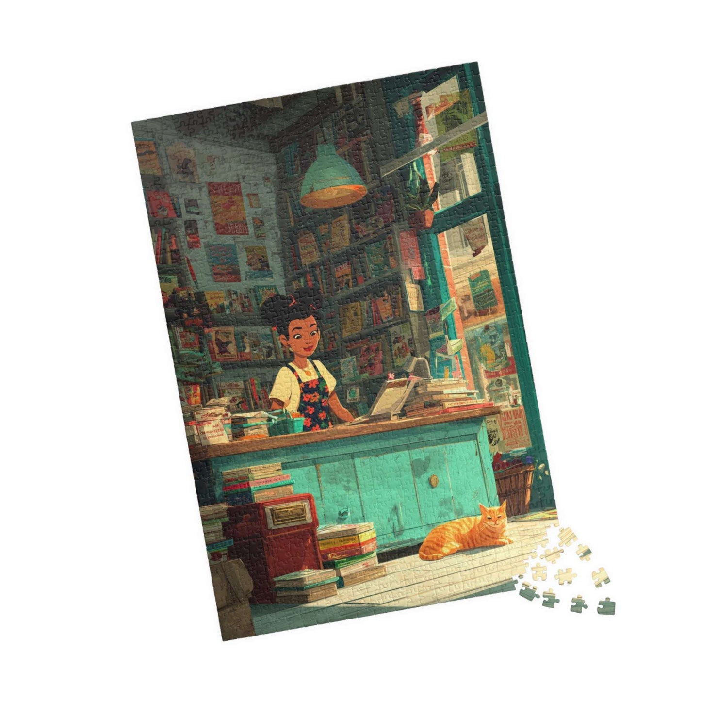 The Bookstore Cat - Whimsical Cartoon Cozy Bookshop Jigsaw Puzzle, Family Activity, Cat Lovers Gift, Perfect for Game Night 1014 pcs (Vertical) Puzzle The Puzzle Chest